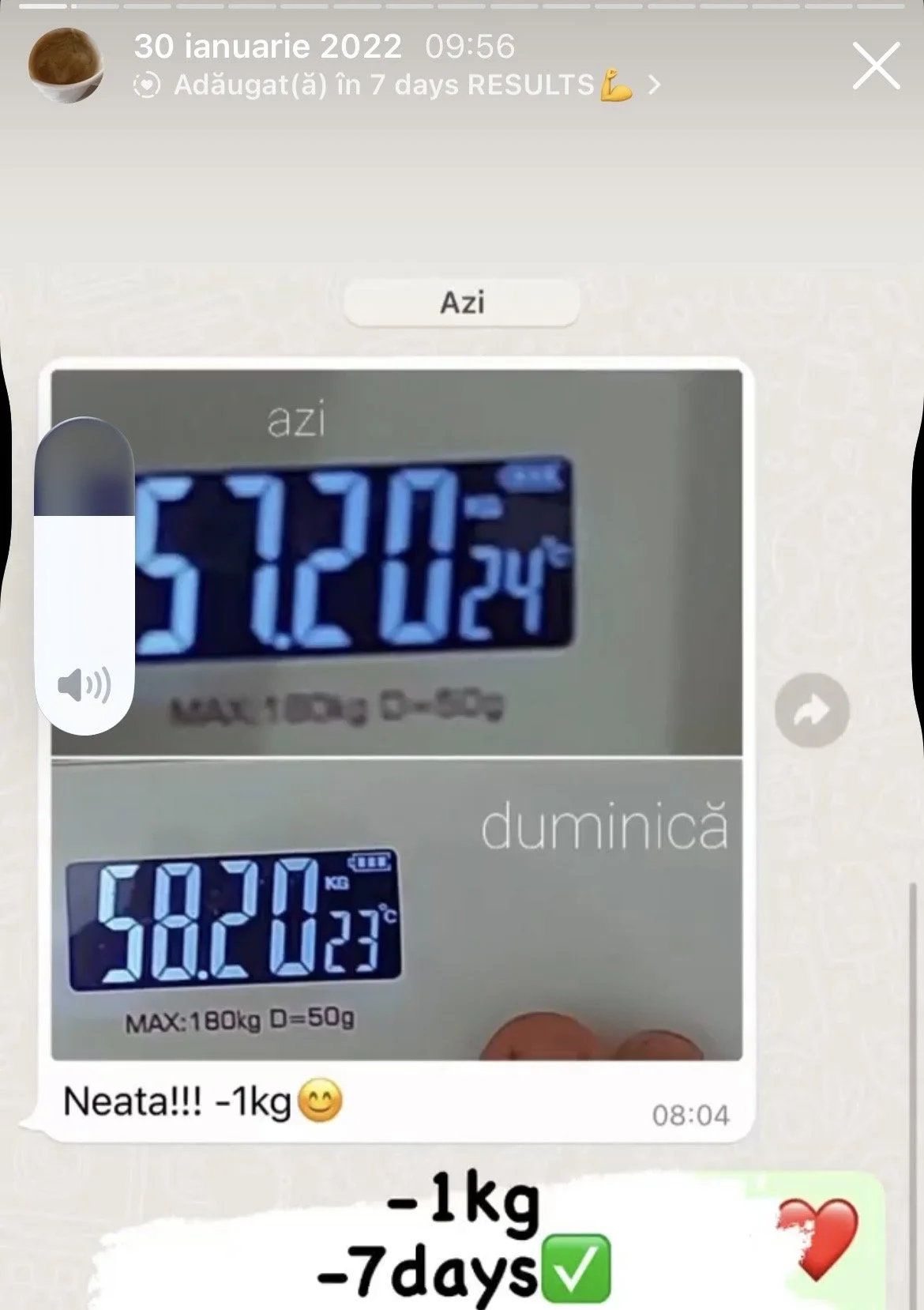 Screenshot of a chat conversation showing digital scales displaying weight measurements for a person, with text indicating a weight loss of 1 kilogram in 7 days.