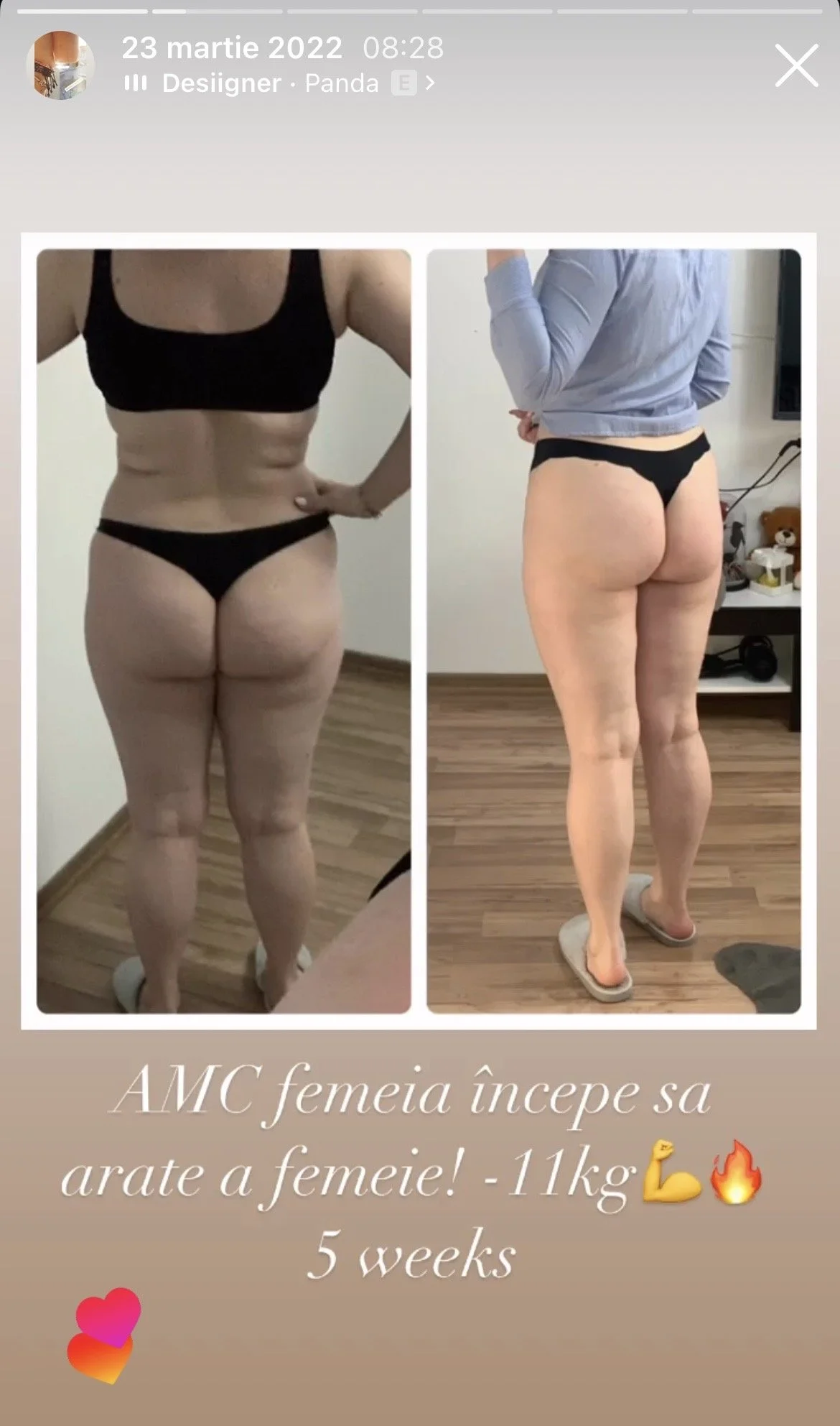 Side-by-side before and after photos of a woman showing weight loss progress, with Romanian text indicating she lost 11kg in five weeks.