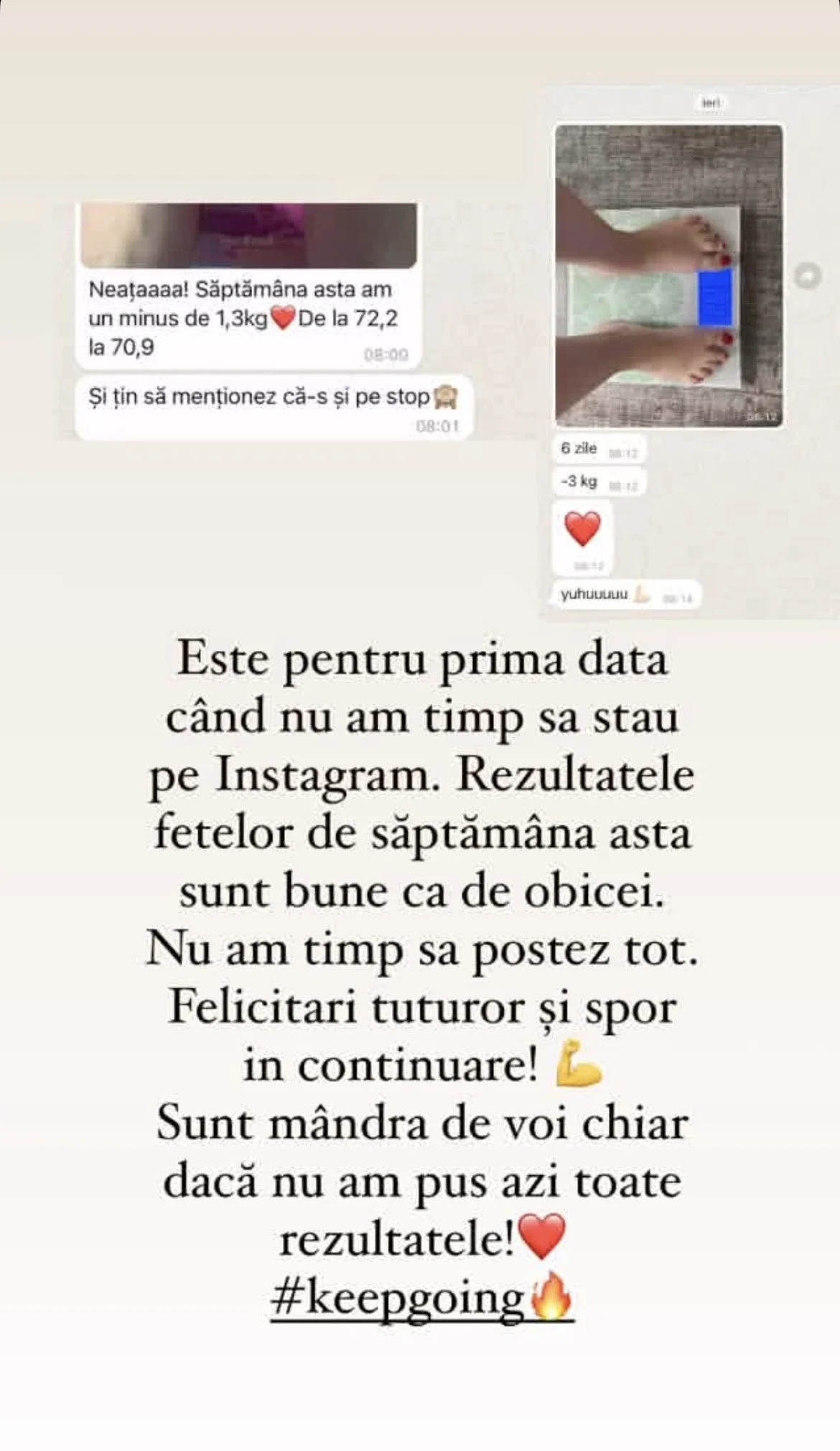 A social media post showcasing weight loss results. The image includes a weighing scale with someone's feet, a chat conversation about weight loss, and a text message praising weekly progress. The post talks about progress, motivation, and persistenc