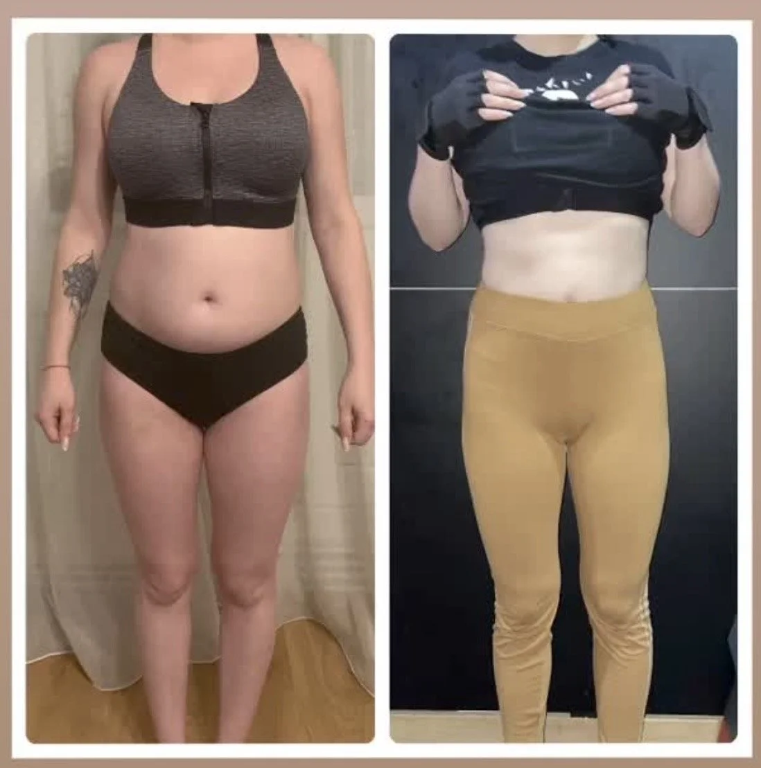 A side-by-side comparison of a woman before and after weight loss. On the left, she is wearing a gray sports bra and black underwear, showing a fuller figure. On the right, she is wearing a black crop top and mustard yellow leggings, showing a slimme