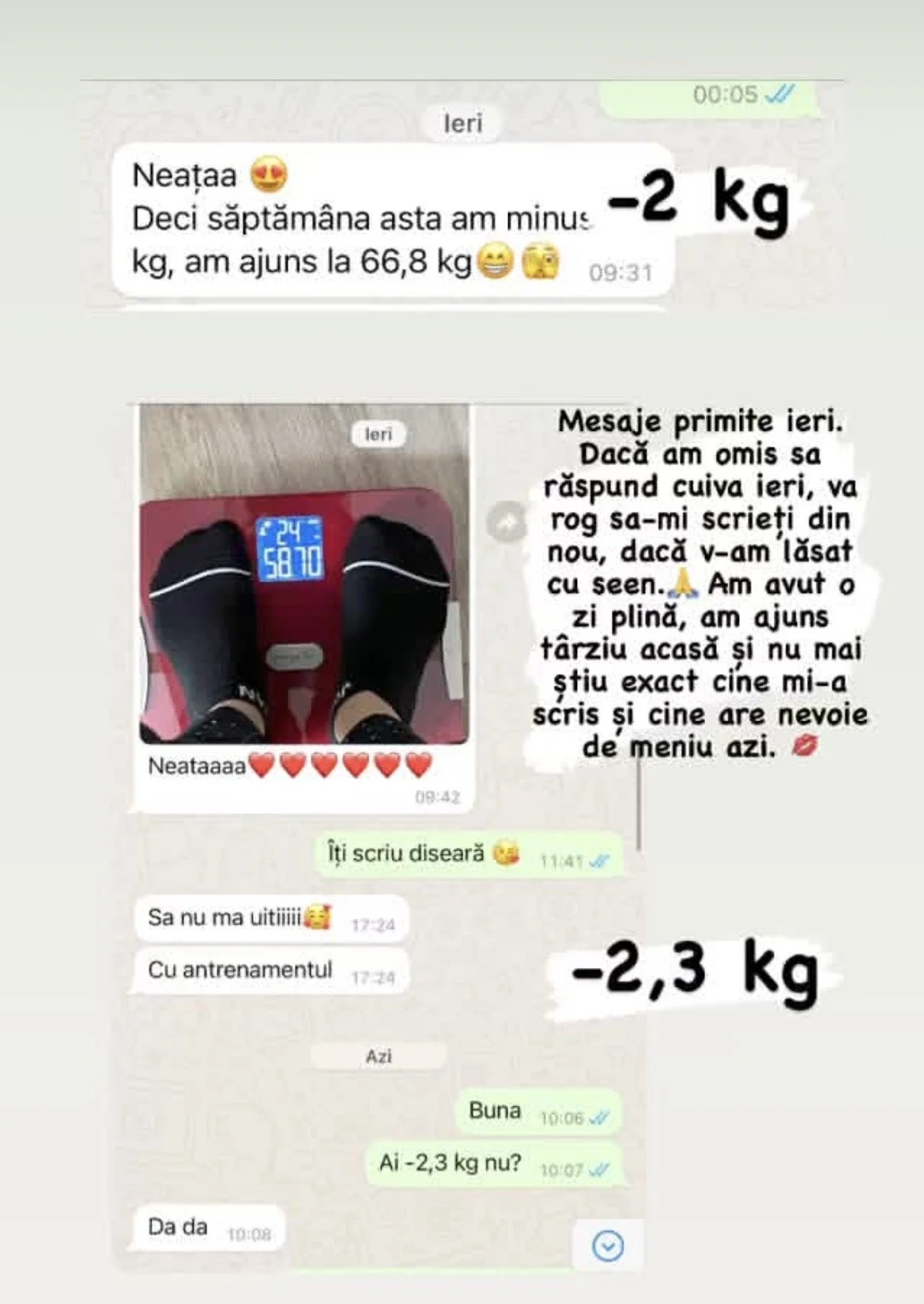 A series of messages in a chat conversation with weight loss progress updates, including a photo of a person standing on a digital scale showing 58.70 kg and several text messages about weight loss achievements and daily updates.