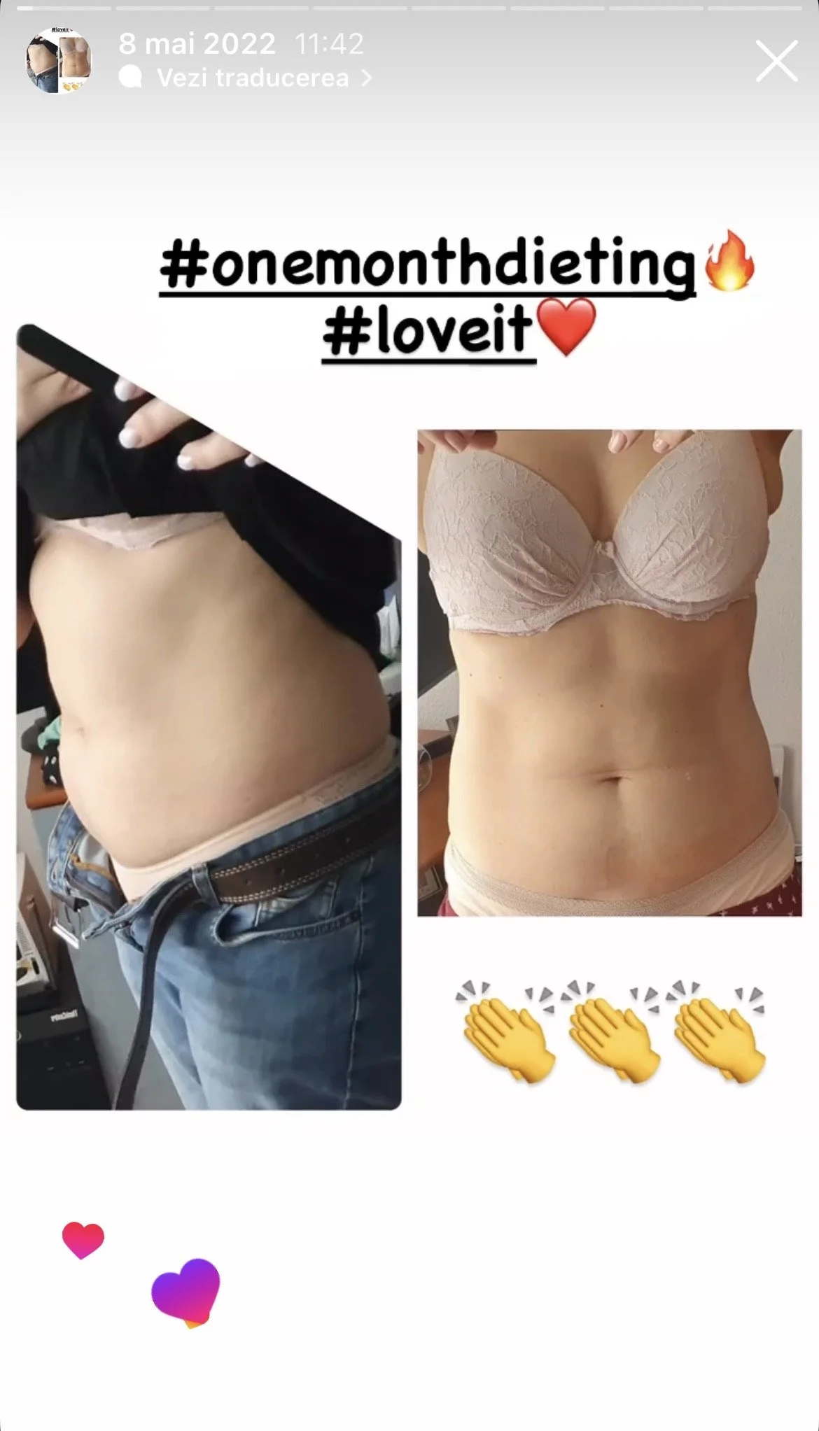 Before and after photos showing weight loss transformation, with the person wearing a pink bra and beige underwear.