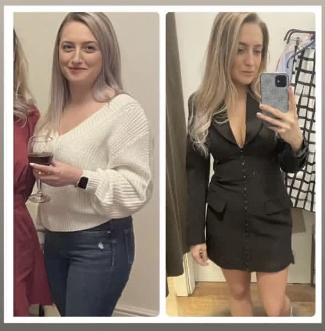 Side-by-side photos of a woman before and after a style transformation. In the first photo, she wears a white, oversized sweater and jeans, holding a wine glass. In the second photo, she wears a fitted black dress, taking a mirror selfie.