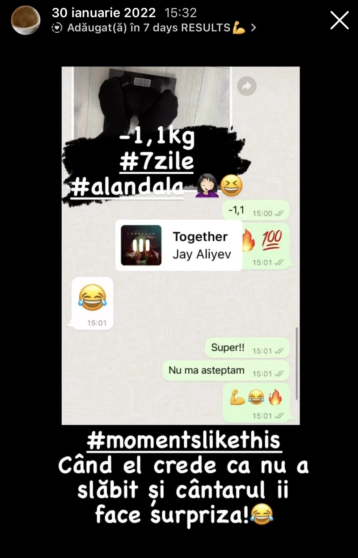 A screenshot of a WhatsApp conversation with a photo of a person standing on a bathroom scale, showing a weight loss of 1.1 kg. The screen has various messages and emojis, and overlay text in Romanian indicating weight loss achievements and feelings 