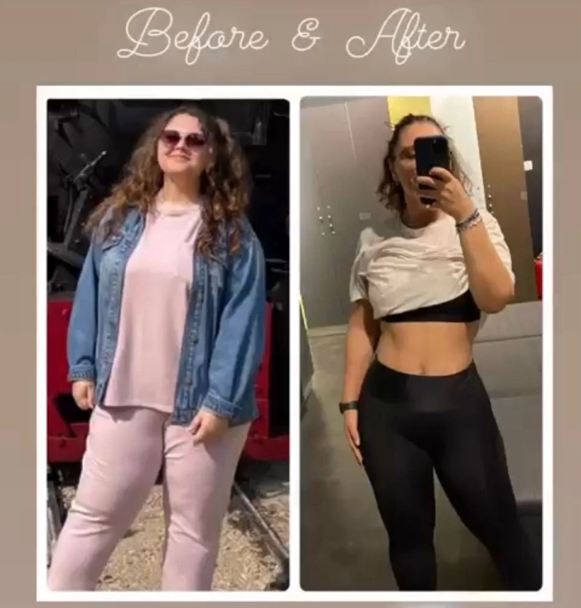 Side-by-side before and after photos of a woman showing physical transformation. In the left photo, she is wearing sunglasses, a denim jacket, and pink pants, smiling outdoors. In the right photo, she is taking a mirror selfie wearing a cropped t-shirt and black leggings, showing a toned abdomen.