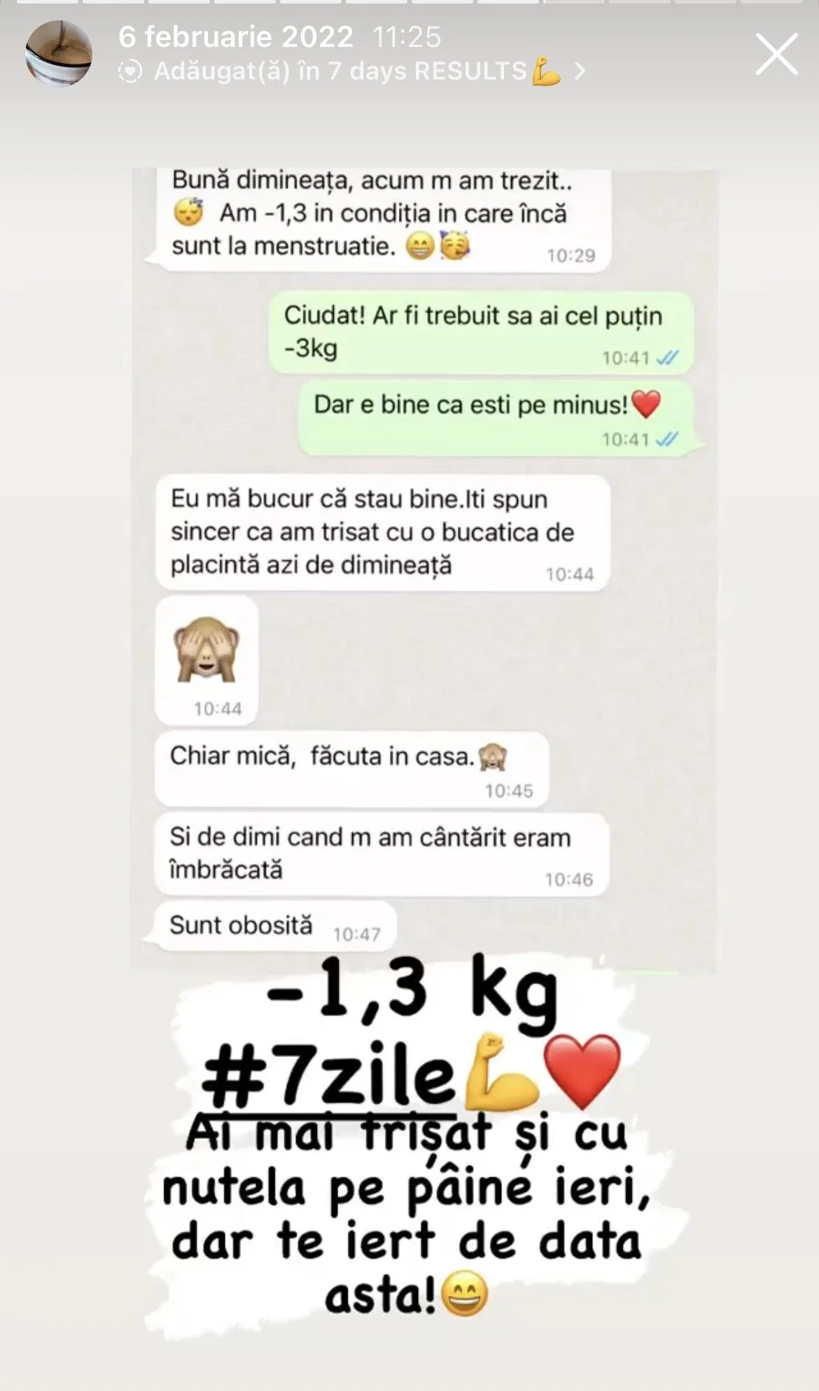 WhatsApp chat screenshot in Romanian showing a person celebrating a 1.3 kg weight loss after 7 days, with messages and emojis discussing diet and progress.