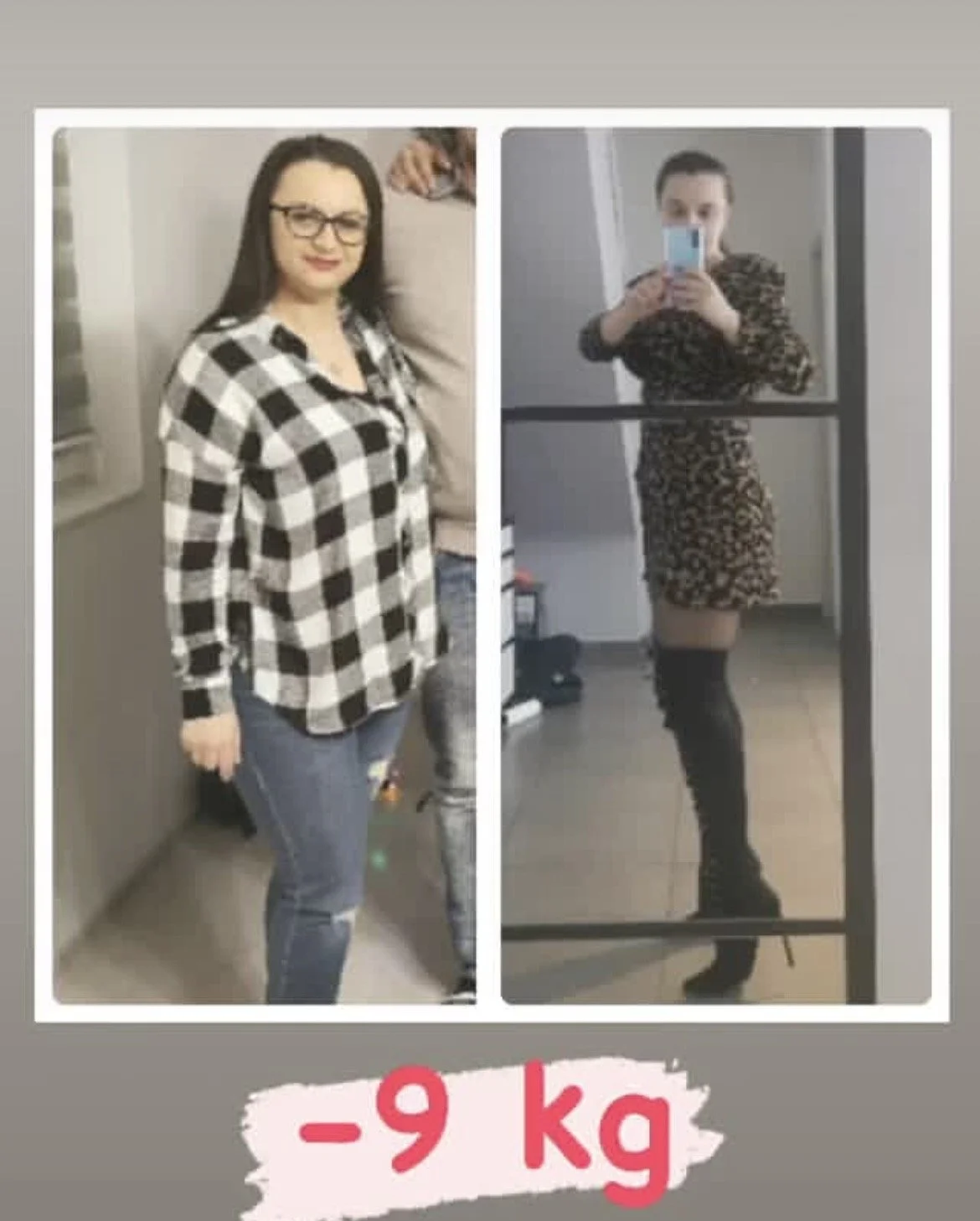 Side-by-side photos showing a woman before and after losing 9 kilograms. The left image shows her in casual clothing, and the right image shows her in a patterned dress and thigh-high boots.