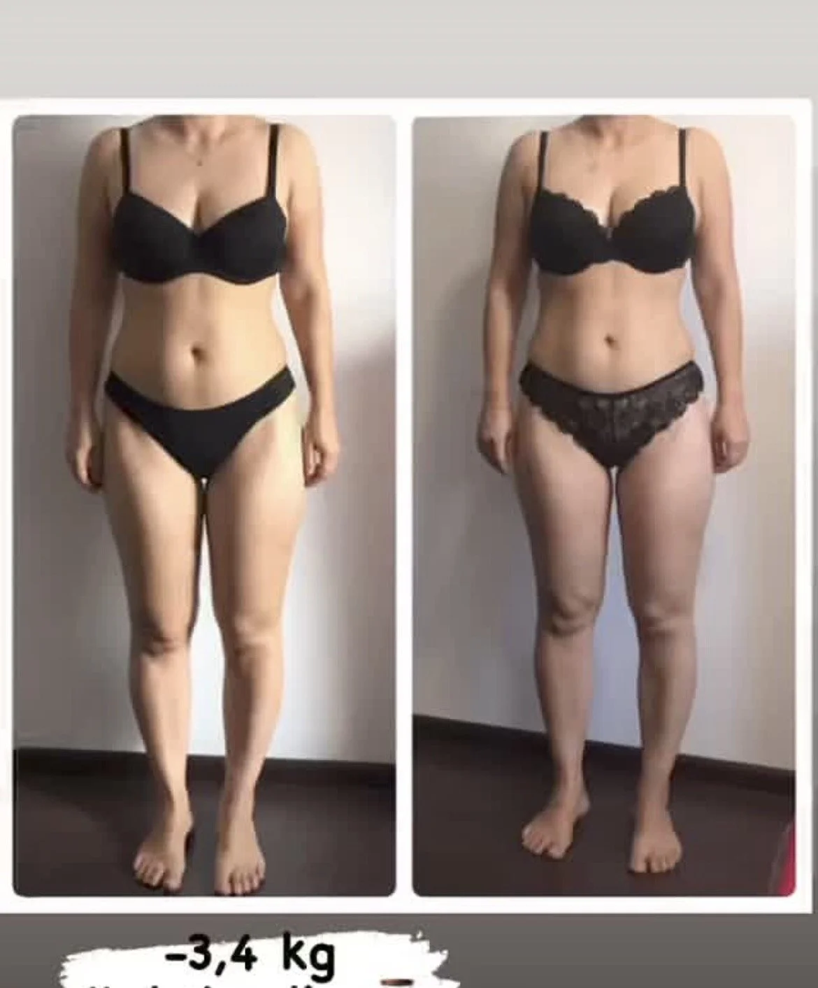 Side-by-side photos of a woman before and after losing 3.4 kg, showing weight loss results.