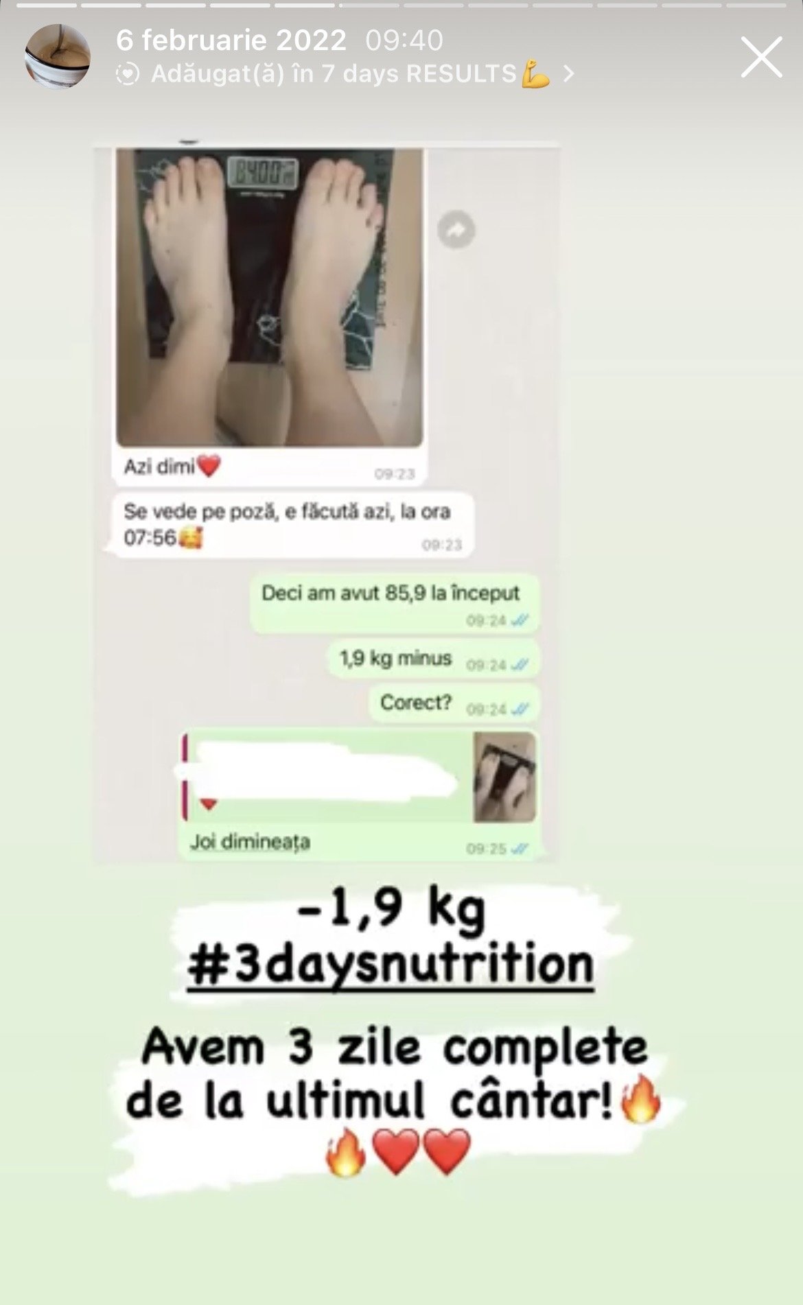 WhatsApp chat showing a weight loss progress with a picture of feet on a scale, initial weight 84.0 kg, and a message indicating a loss of 1.9 kg over three days, celebrating the accomplishment.