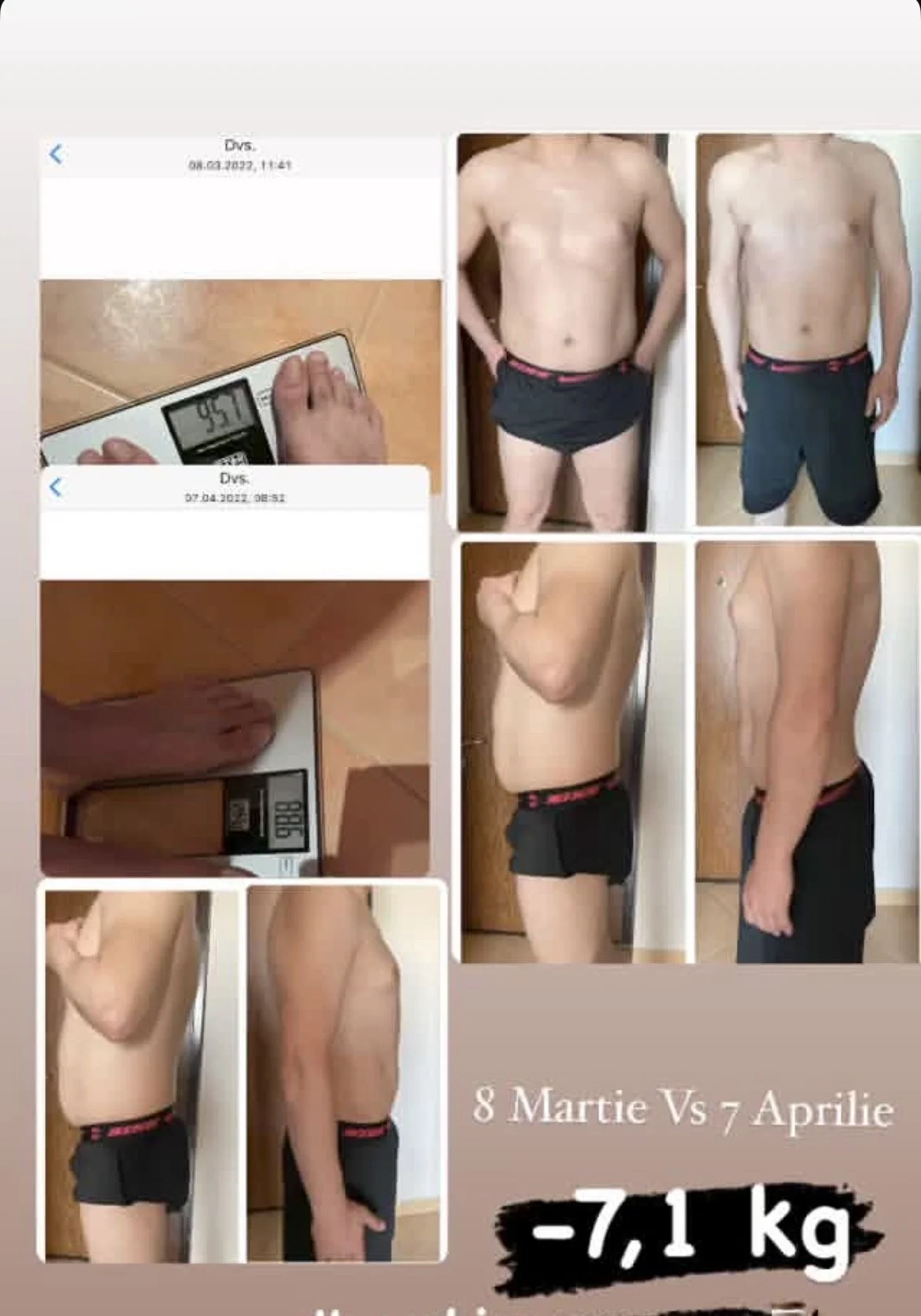 Before and after photos of a man's weight loss journey, showing a reduction of 7.1 kg from March 8 to April 7, 2022, with pictures of his front, side, and back views, and a photo of the weighing scale.