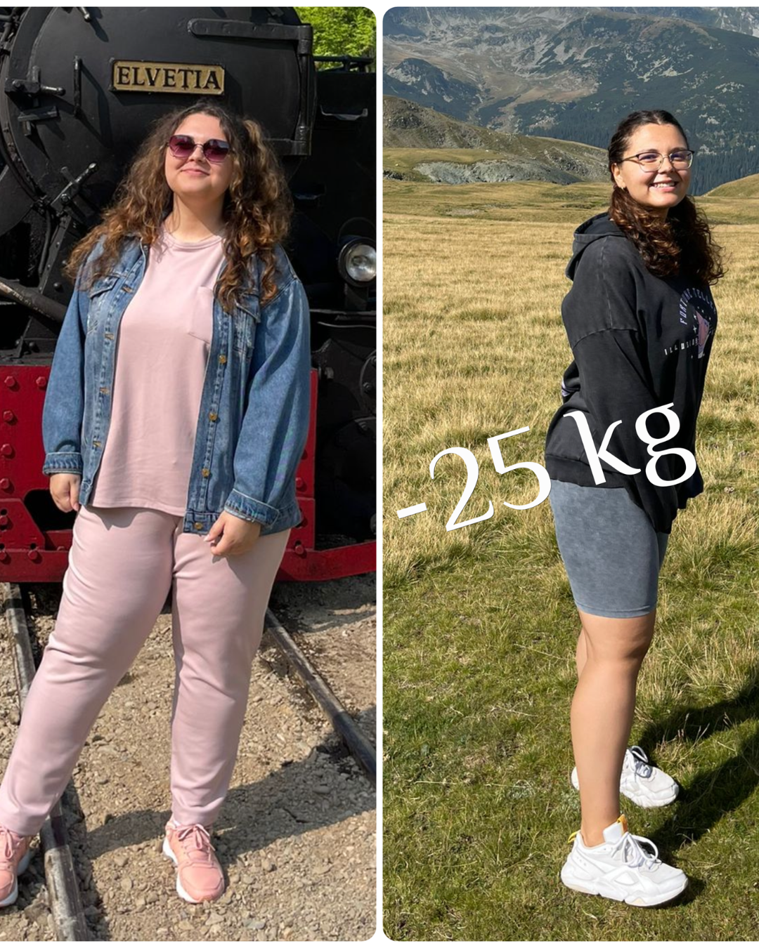 Side-by-side photos of a woman before and after losing weight. In the first photo, she is standing outdoors in front of a train with the label "ELVETIA," wearing sunglasses, a denim jacket, light pink shirt, and matching pink pants. In the second pho
