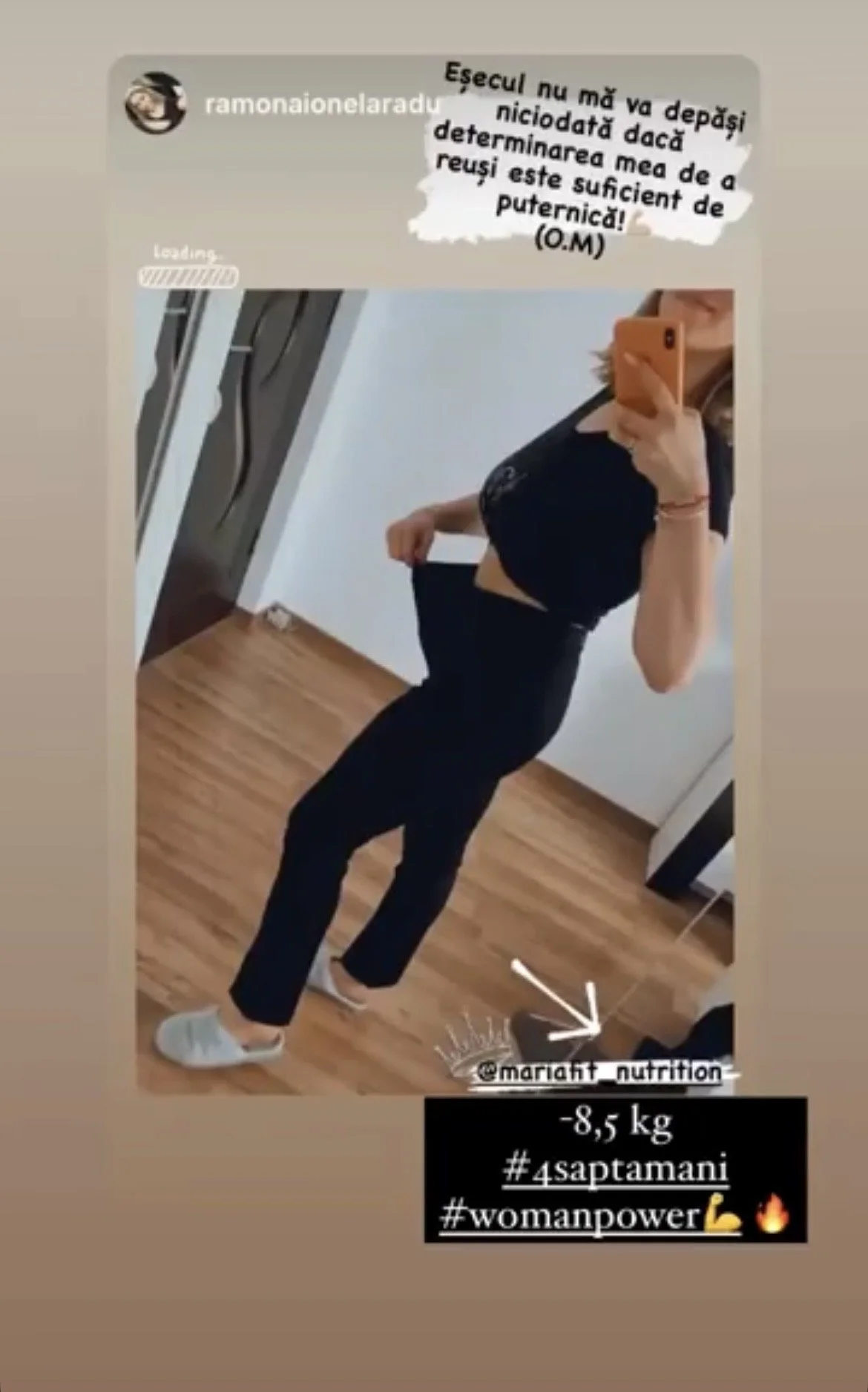 A woman taking a mirror selfie shows her weight loss progress, wearing black pants and a crop top, with text overlaying the image indicating she lost 8.5 kg and using hashtags #4saptamani and #womanpower.