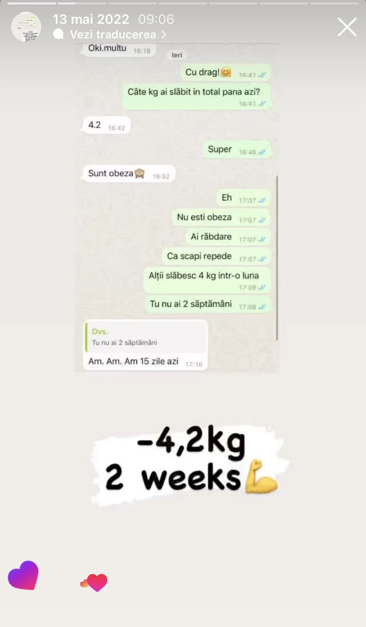Screenshot of a WhatsApp chat in Romanian discussing weight loss. Text at the bottom shows "-4.2kg 2 weeks" with a flexed bicep emoji, indicating weight loss achievement.