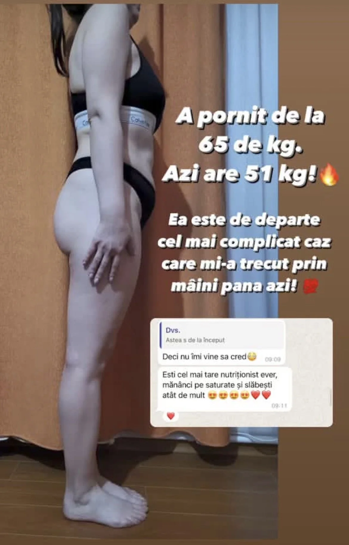 A side profile of a woman standing indoors in underwear, with text overlay in Romanian and some chat messages.