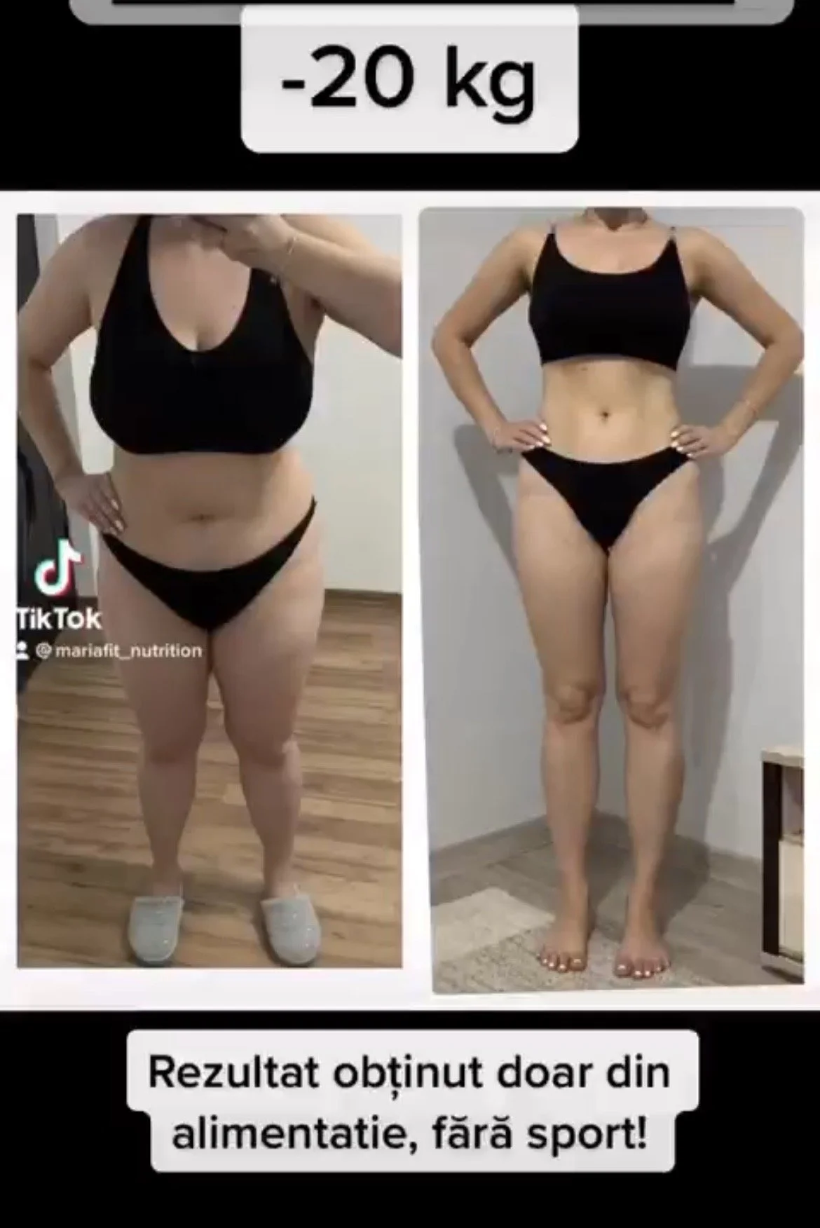 Side-by-side before and after photos of a woman showing weight loss, with a text overlay indicating a reduction of 20 kilograms, and a caption in Romanian that says 'Results achieved only through diet, no sports!'