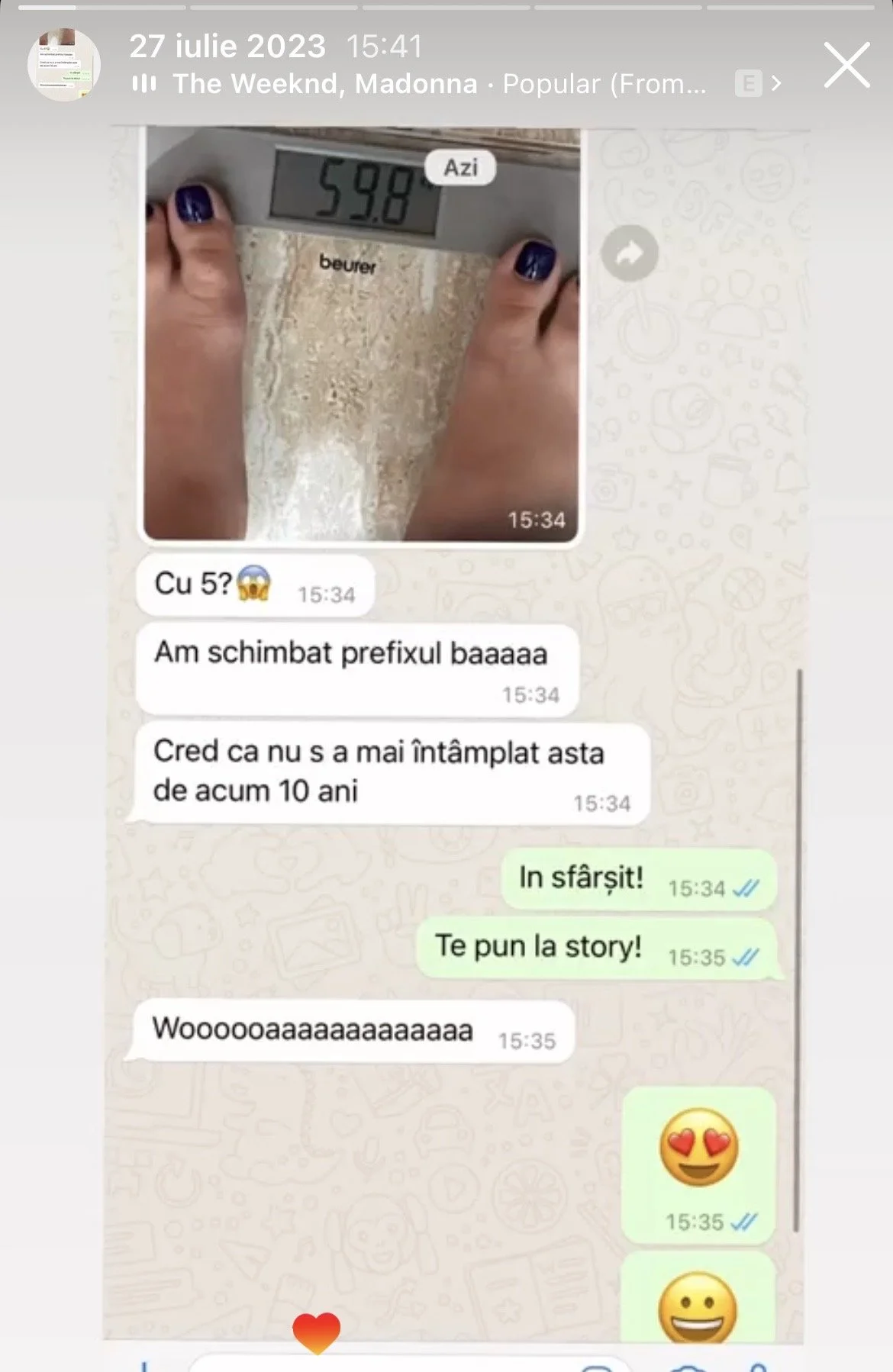 A person weighing themselves on a digital scale showing 59.8 kilograms, with their feet visible. The photo appears to be taken from a WhatsApp chat conversation.