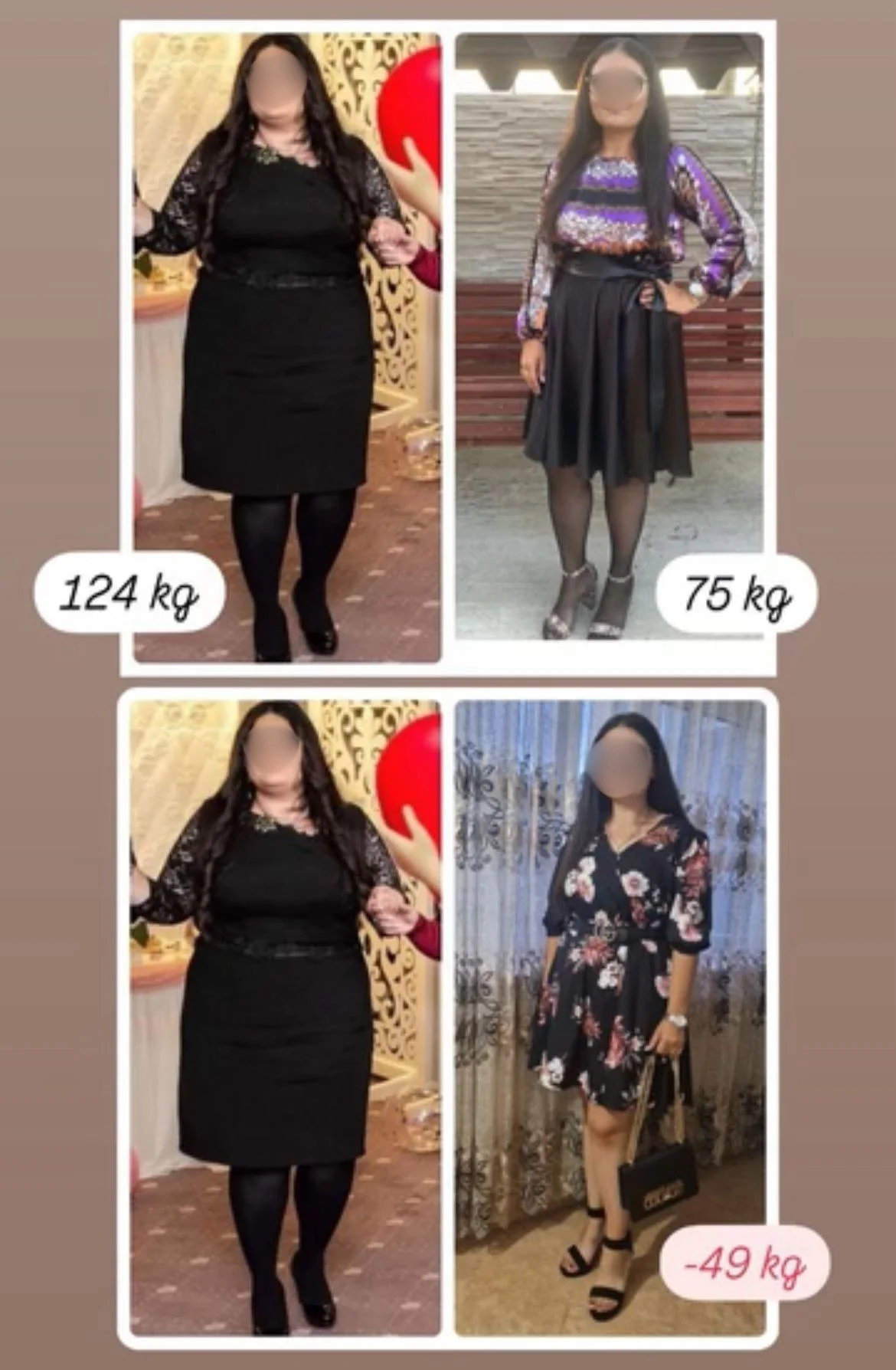 Comparison of a woman before and after weight loss. The top left and bottom left images show her at 124 kg wearing a black dress with lace sleeves, while the top right image shows her at 75 kg in a purple and black patterned blouse and black skirt, and the bottom right image shows her at 75 kg in a floral dress holding a handbag and wearing high heels.