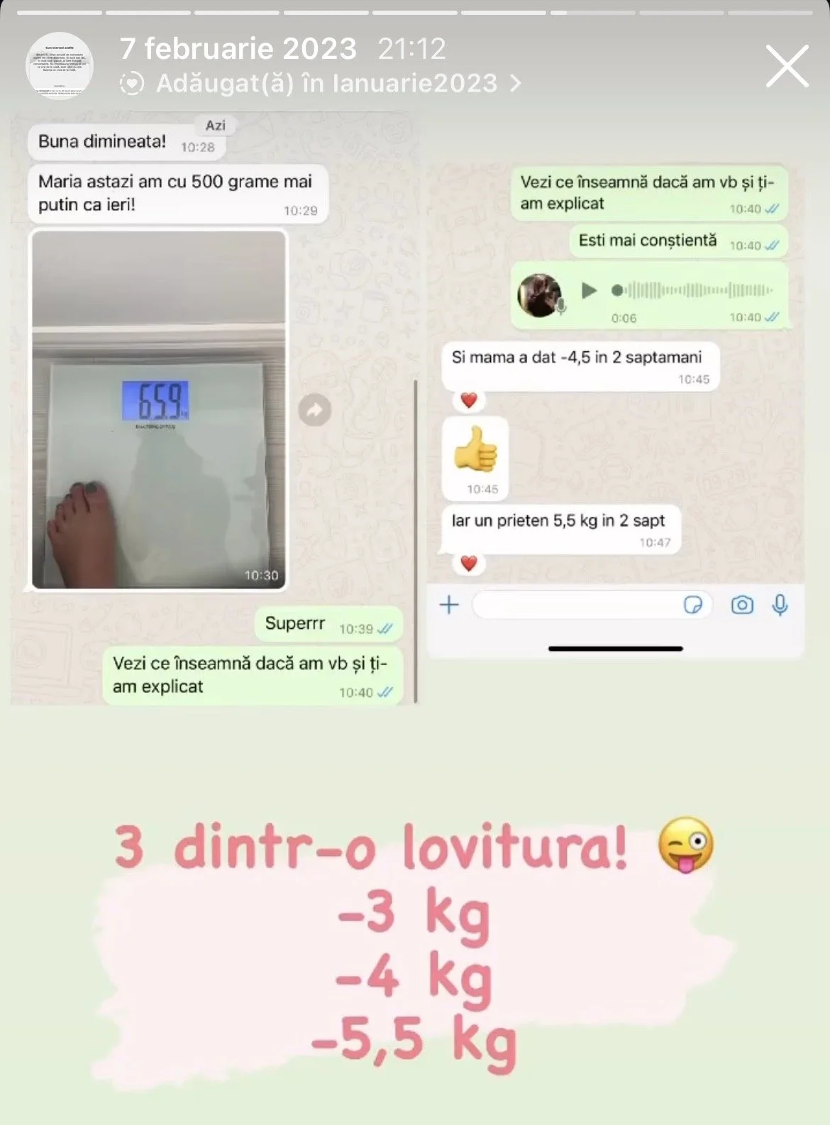 A screenshot of a WhatsApp chat showing a woman on a digital scale weighing 65.9 kg, a voice message, and a message about her weight loss progress, with notes indicating she lost 3, 4, and 5.5 kg.