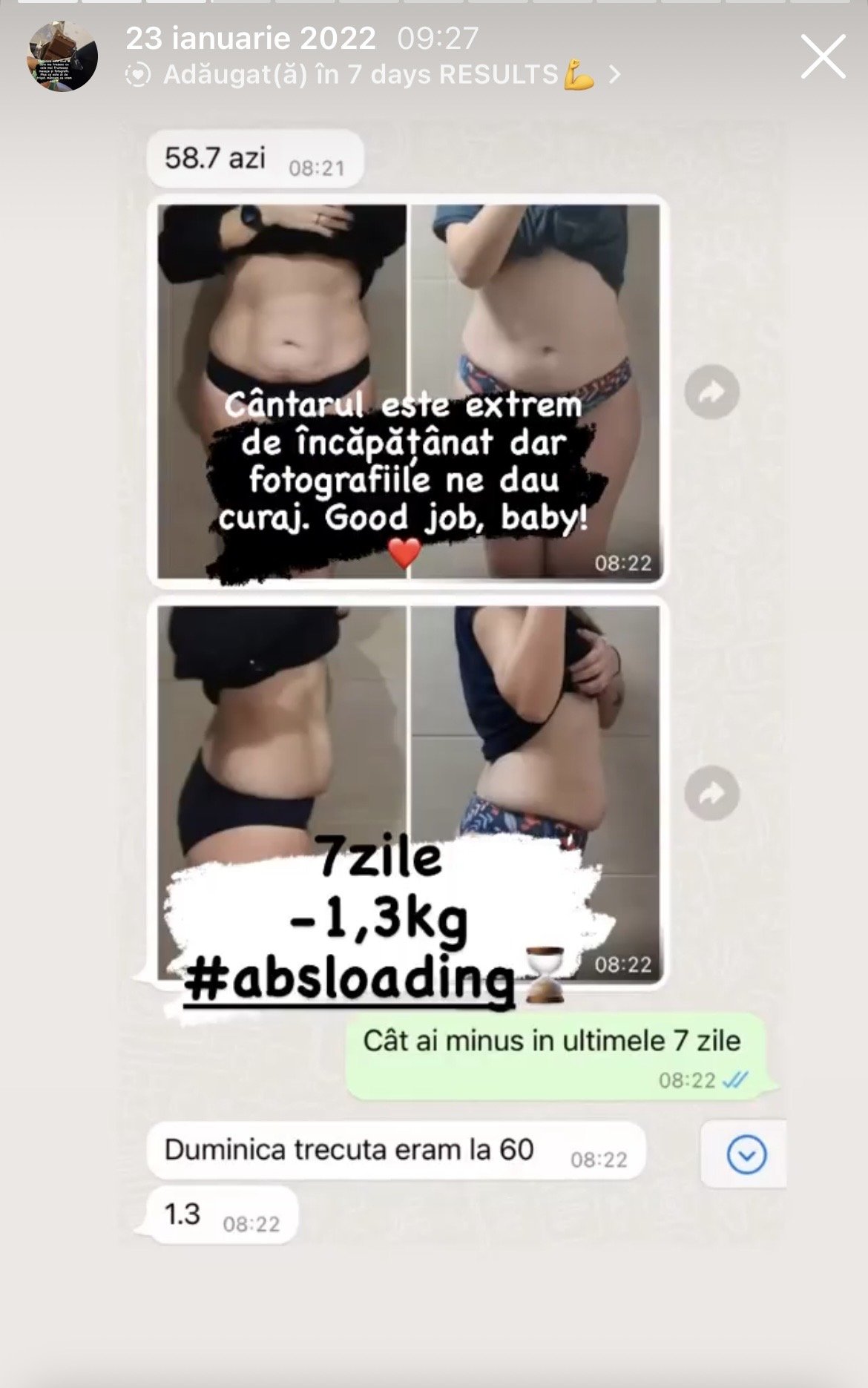 Screenshot of a chat showing before and after photos of a woman's midsection, with weight loss results of 1.3 kilograms over seven days. The text highlights her progress and encouragement, including phrases about her courage and success.