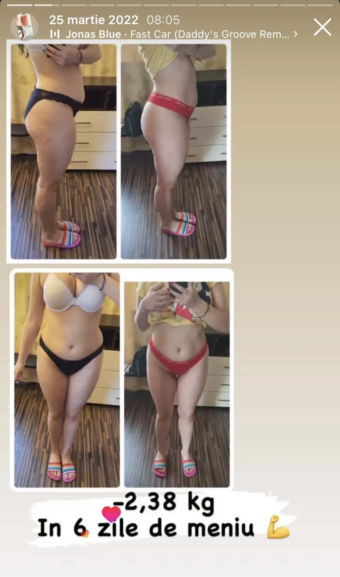 A collage of four before-and-after photos showing a woman's weight loss progress over six days, with a caption in Romanian indicating a loss of 2.38 kg.