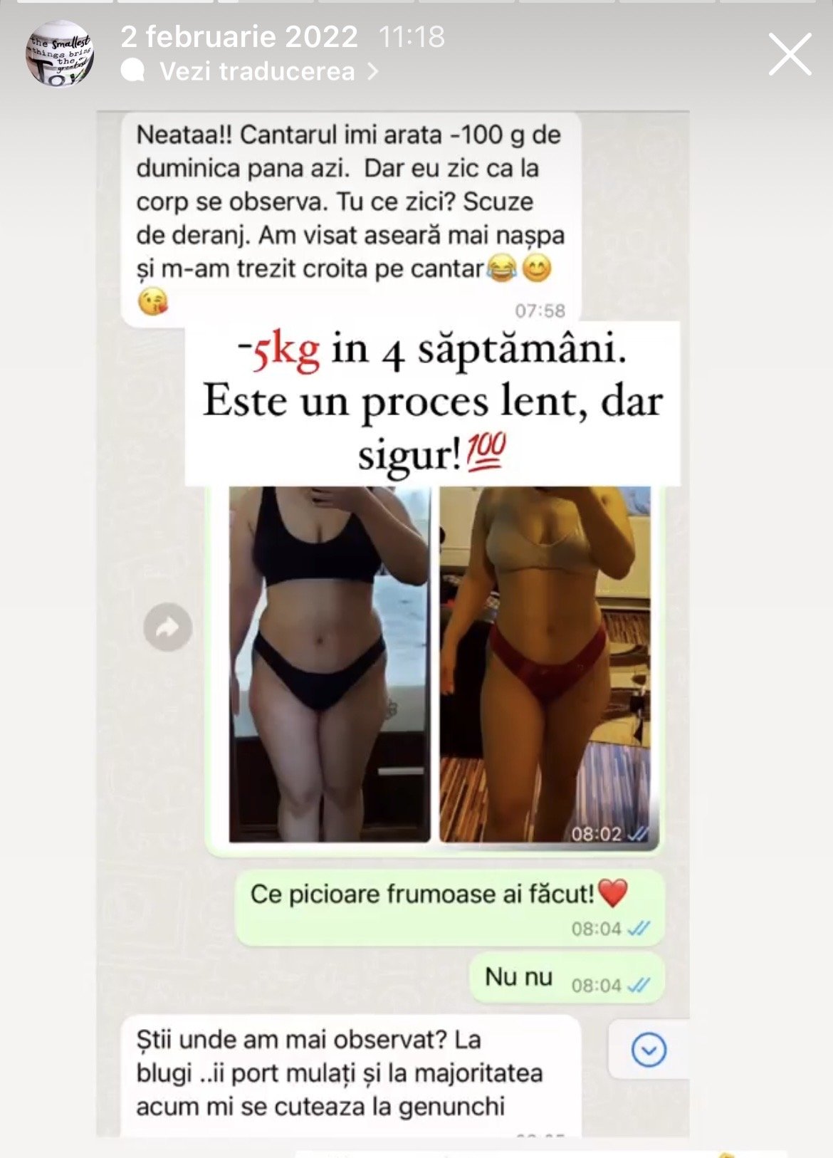 A WhatsApp chat showing a before and after photo of a woman’s body transformation, with a message claiming a loss of 5kg in four weeks, and a testimonial about her progress.