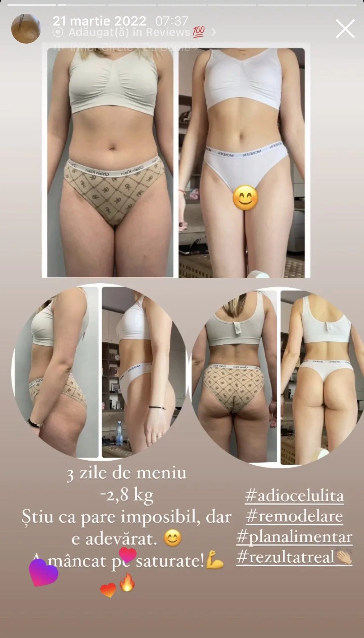 Before and after photos showing a woman’s body transformation, accompanied by text in Romanian about a three-day meal plan, weight loss of 2.8 kg, and hashtags related to slimming and remodeling.