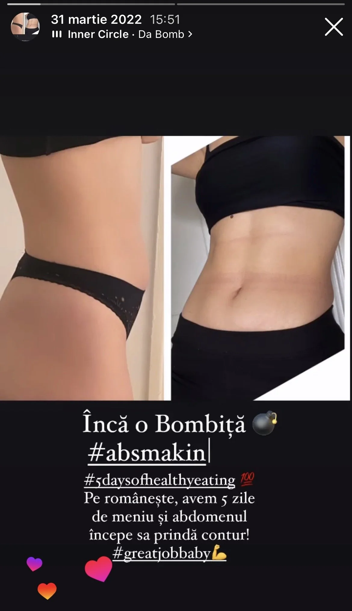 Comparison of two midsection photos showing a person's waist before and after a five-day healthy eating challenge with text in Romanian promoting a clean eating challenge to improve abs.
