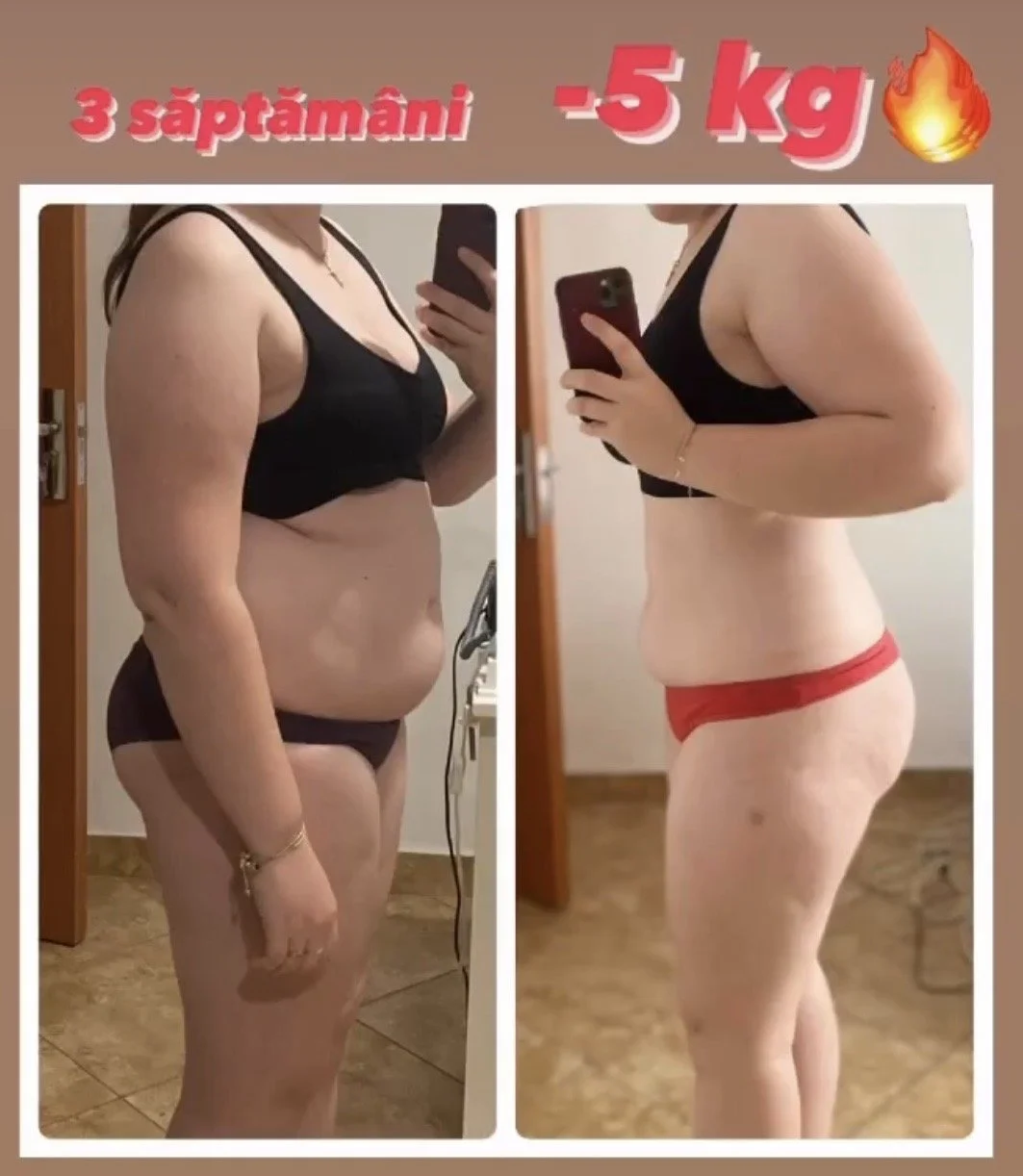Side-by-side before and after photos of a woman showing weight loss progress, with text indicating a 5 kg weight loss over three weeks.