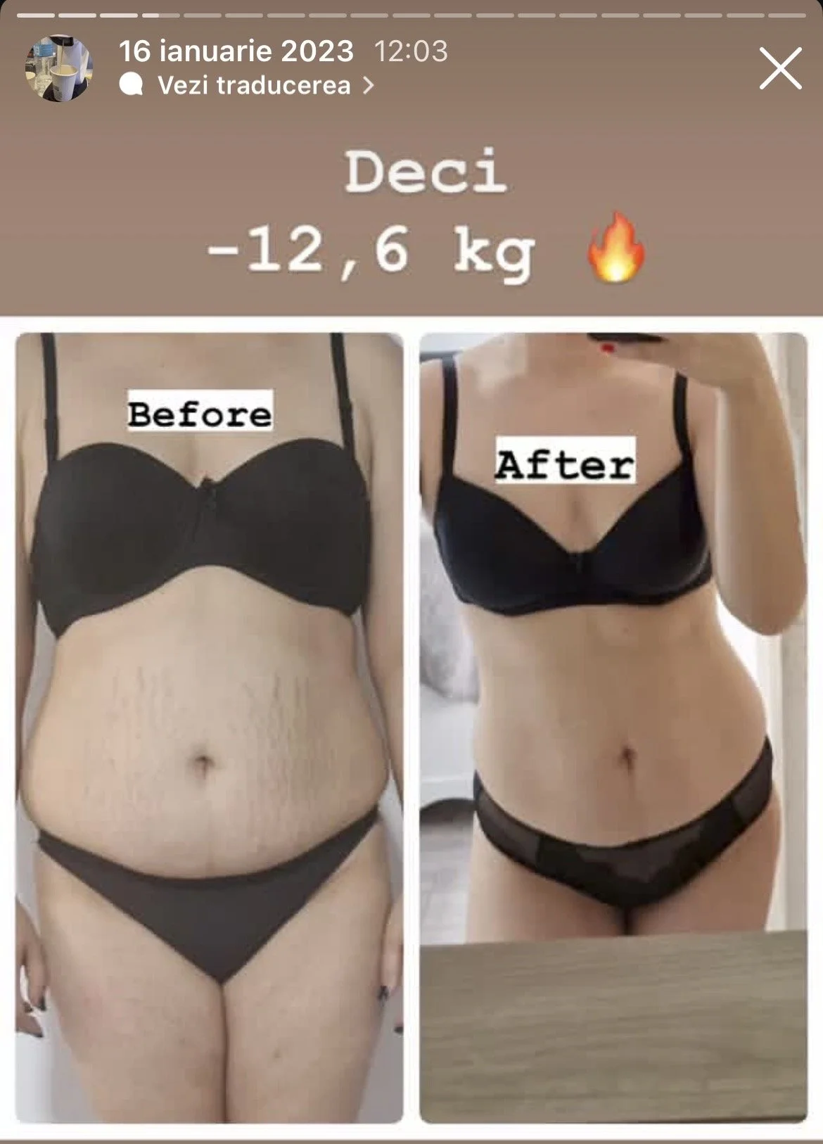 Side-by-side comparison of a woman before and after weight loss, showing a reduction of 12.6 kilograms, with the woman wearing black underwear in both images.