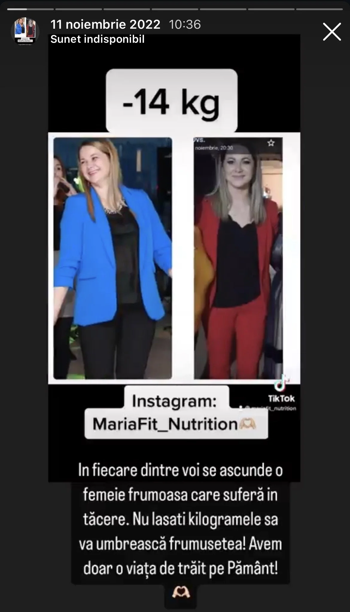 Before and after photos of a woman, showing a weight loss of 14 kg, with the text promoting a fitness account on Instagram.