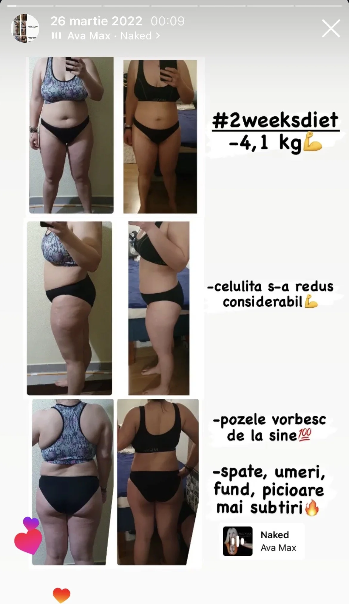 Side-by-side and back view photos showing a woman's physical transformation over two weeks, with handwritten notes indicating weight loss, reduction in cellulite, and muscle tone improvement, alongside celebratory emojis.