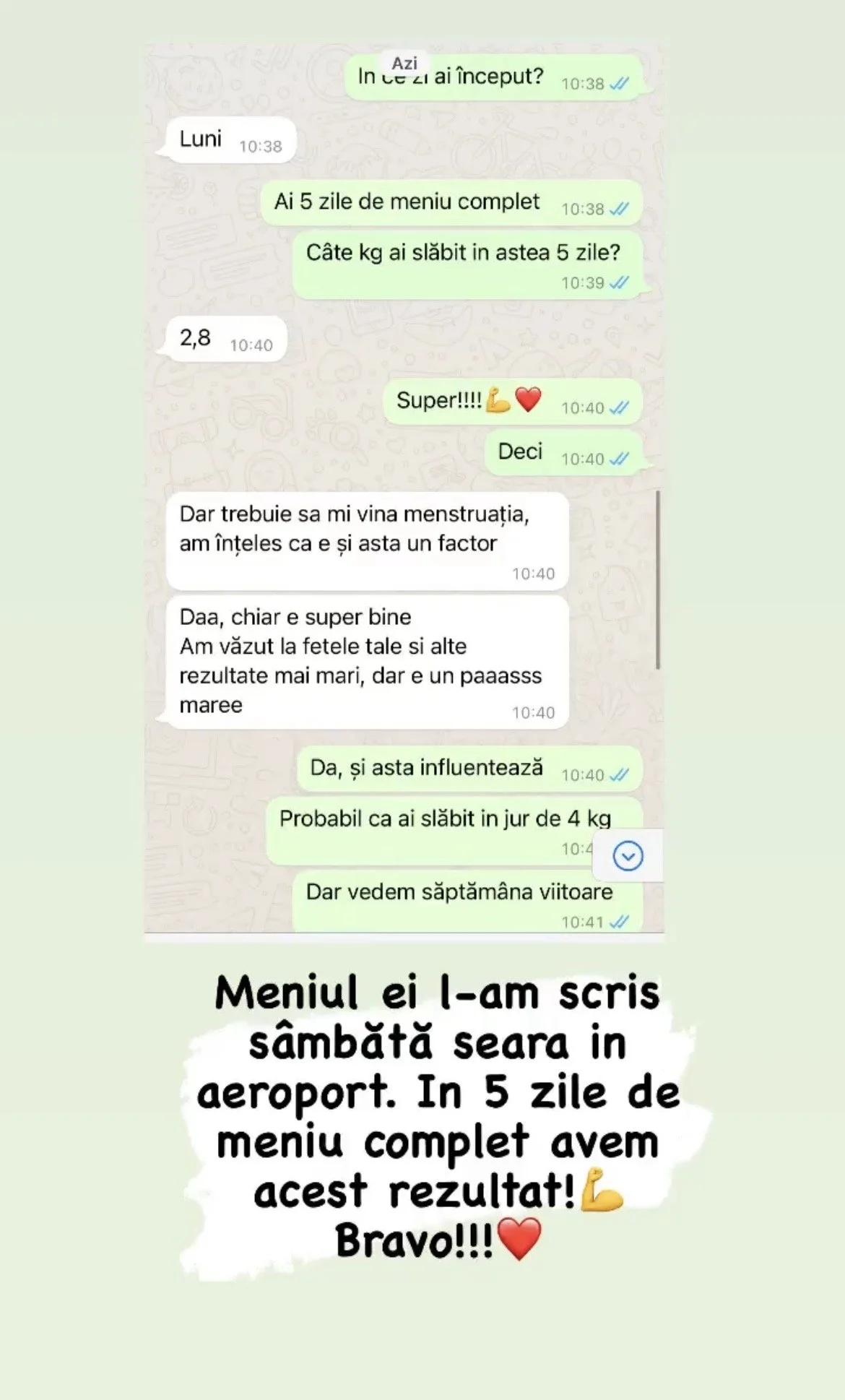 Screenshot of a WhatsApp chat in Romanian discussing a 5-day meal plan and weight loss results, with a concluding note about achieving results after 5 days.
