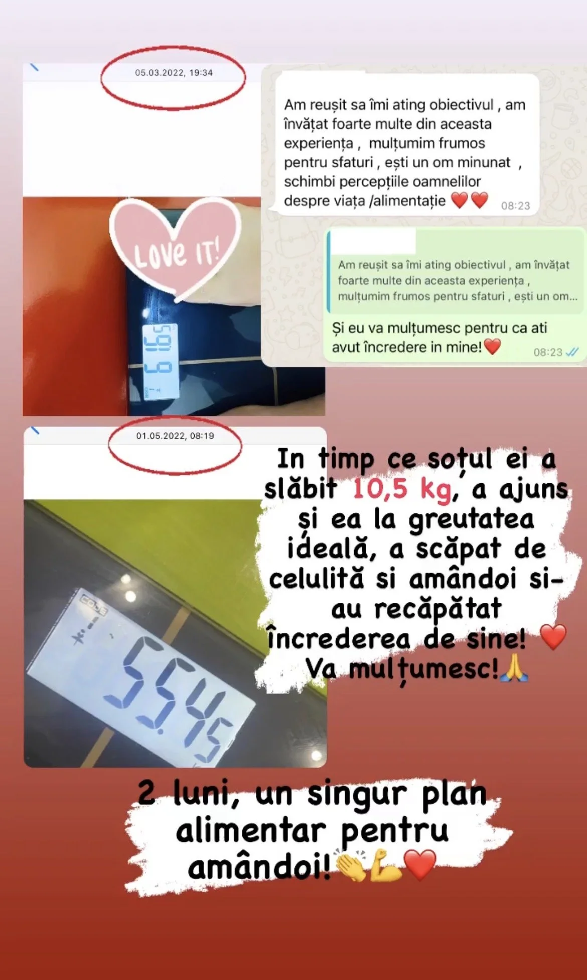 Screenshots of weight loss progress including timestamps and handwritten notes, showing weight measurements and motivational comments in Romanian.