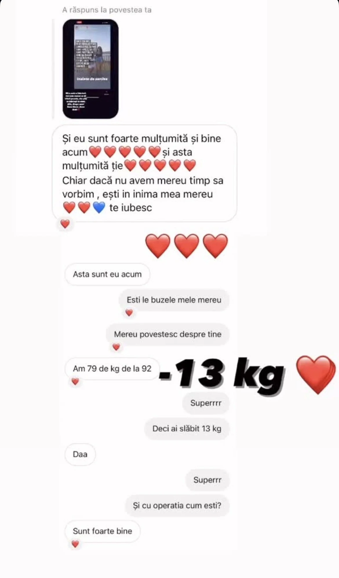 Screenshot of a chat conversation in Romanian, discussing weight loss, showing a before-and-after weight of 79 kg from 92 kg, with emotional messages and heart emojis, and a photo of a phone screen.