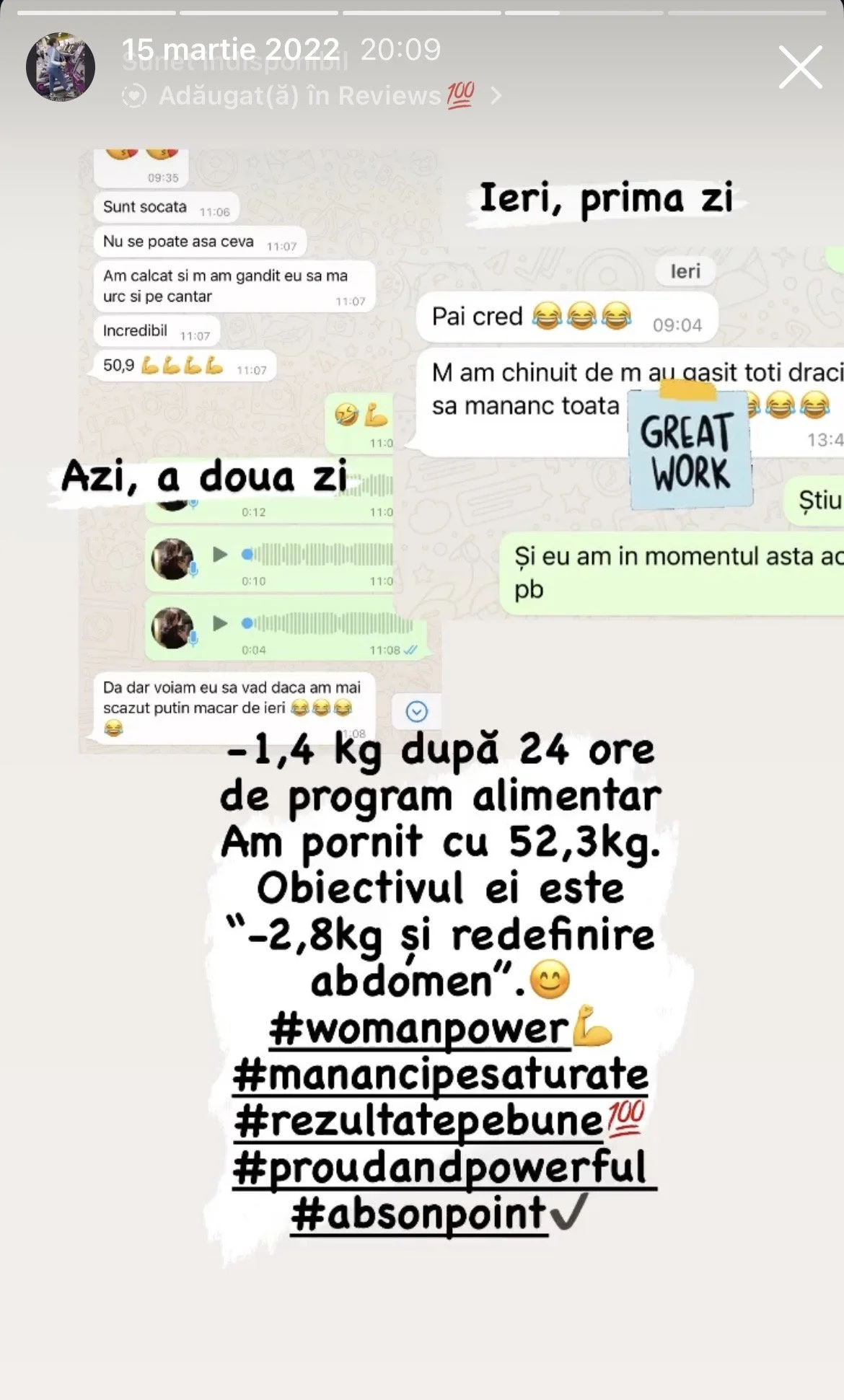 Screenshots of a WhatsApp chat showing messages about weight loss progress, with handwritten notes indicating days and weight changes, and a summary of weight loss results and motivational hashtags at the bottom.