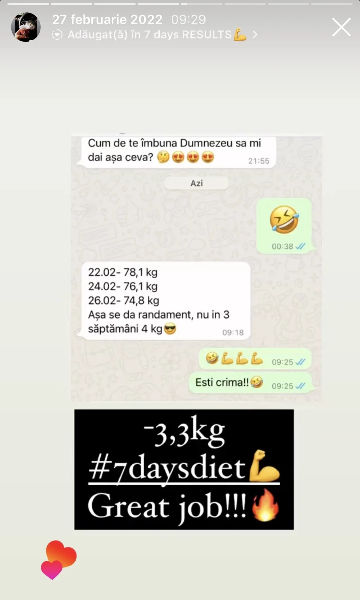 Screenshot of a WhatsApp chat showing a weight loss progress over three days, with a congratulatory message and a motivational message celebrating a weight loss of 3.3 kg in 7 days.