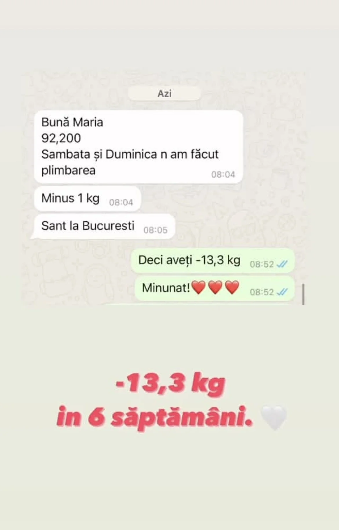 Screenshot of a WhatsApp chat showing a weight loss progress conversation, with a final message indicating a total weight loss of 13.3 kg over six weeks, accompanied by red hearts and Romanian text.