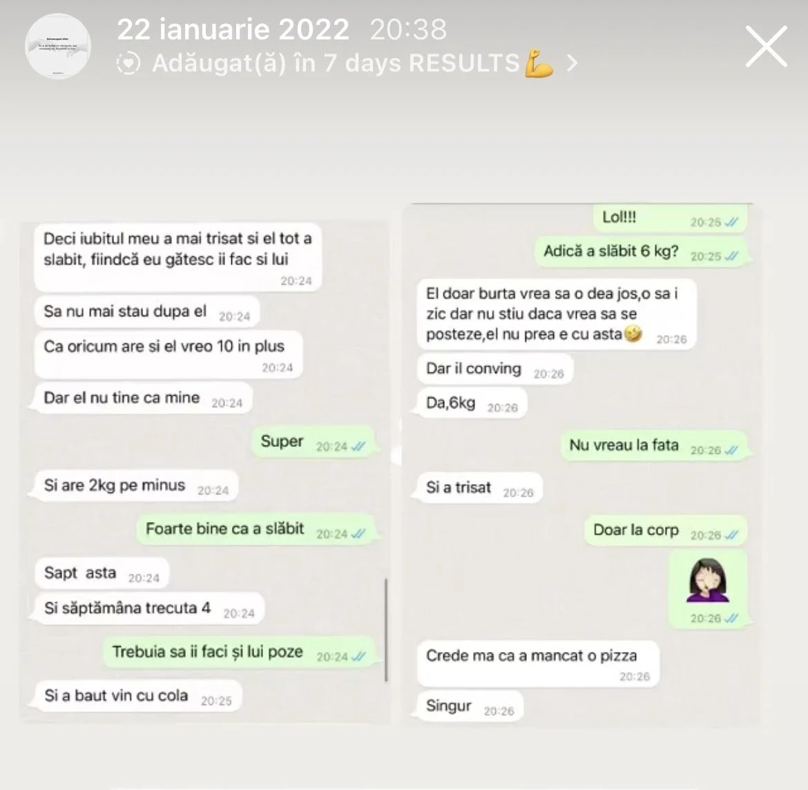 WhatsApp chat conversations in Romanian discussing weight loss, dieting, and related topics, with one person mentioning losing 6 kg and another person suggesting they just want to be healthy and stay in shape.