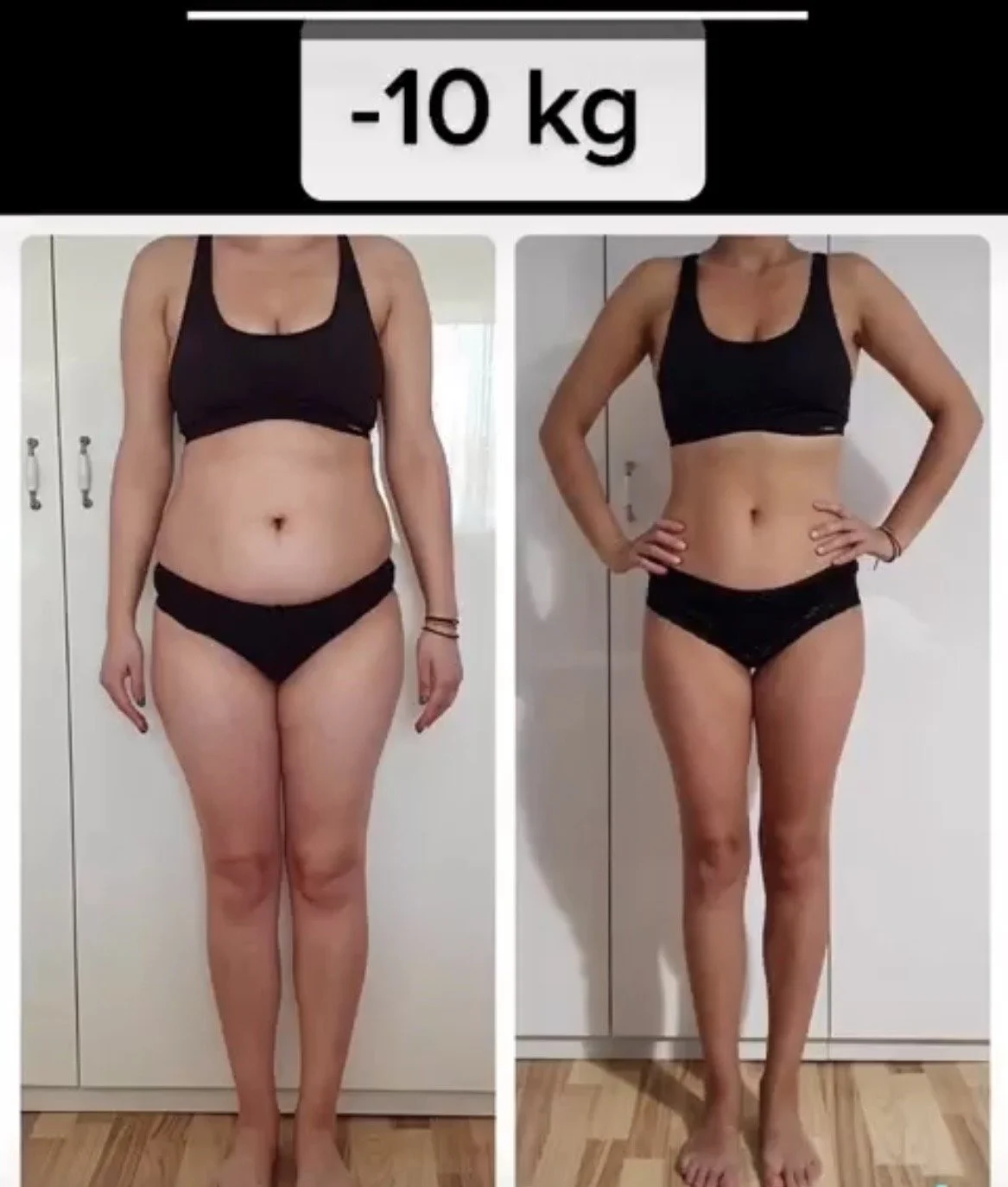 Before and after photos showing a woman with a weight loss of 10 kg. The woman's body appears slimmer in the after photo on the right.