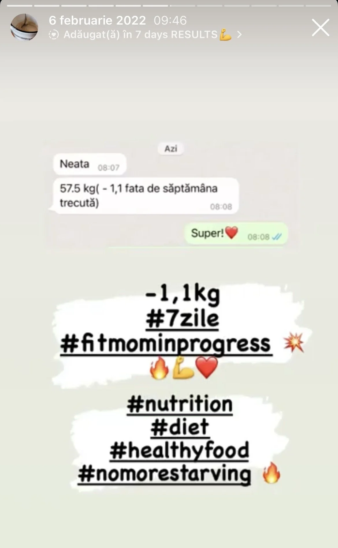 A screenshot of a WhatsApp conversation showing weight loss progress and related hashtags with emojis, after losing 1.1 kg in a week.