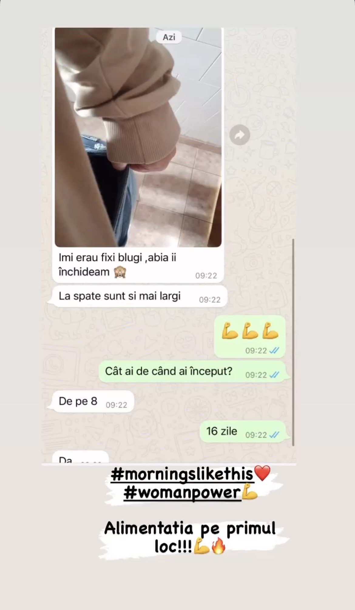 A WhatsApp chat conversation with a photo of a person showing their hand in a beige hoodie. The person is opening or closing a cabinet door in a room with tiled flooring. The conversation includes messages in Romanian and English about fixing and enl