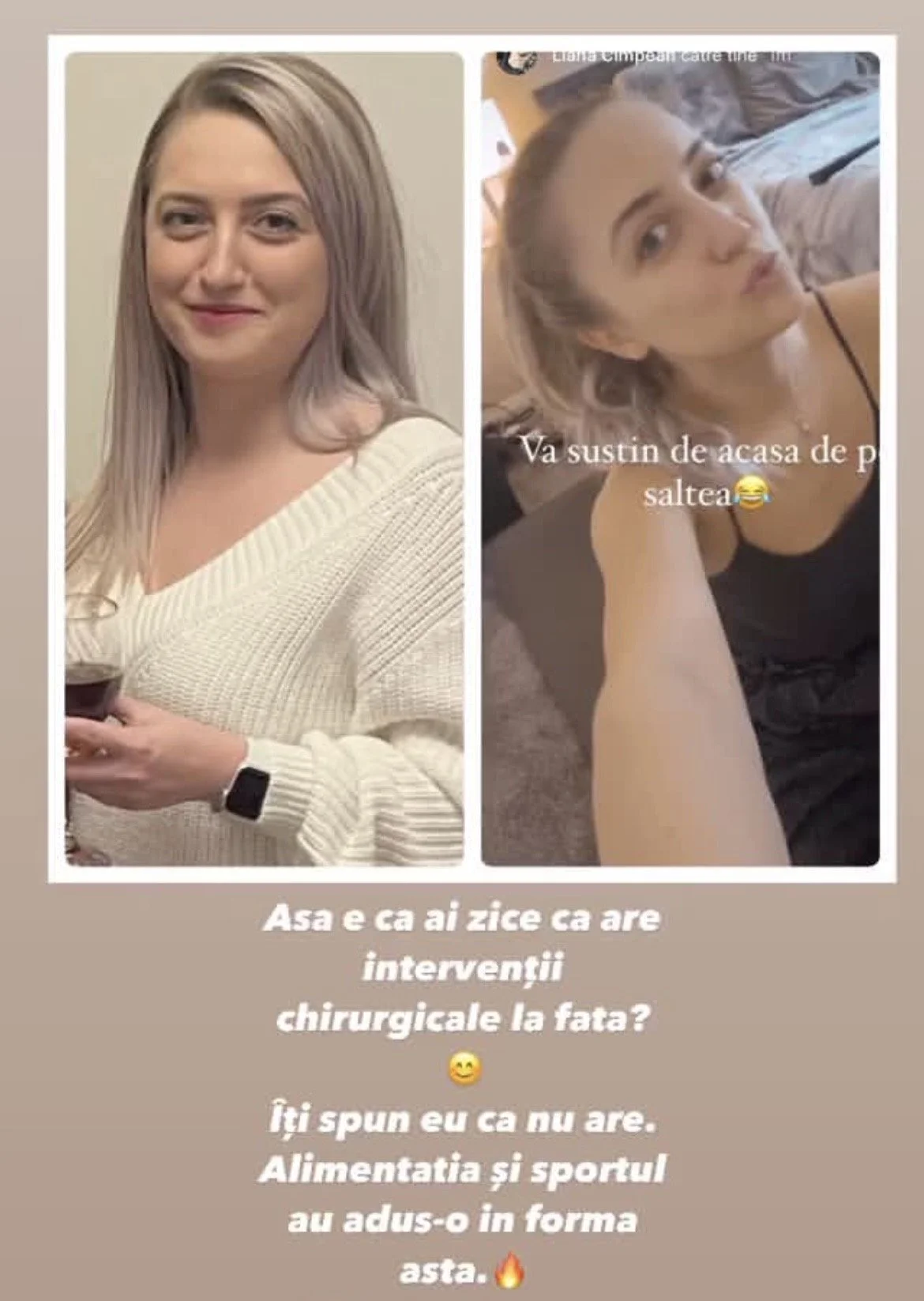 Split image showing two women, one holding a glass of red wine and the other taking a selfie. There is Romanian text overlayed, discussing surgical interventions, diet, and sports.