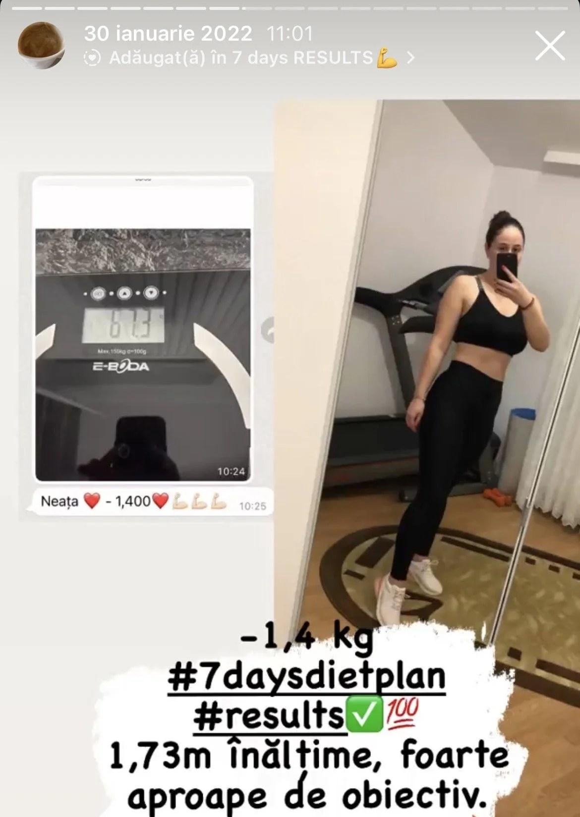 A woman taking a mirror selfie in a room with a treadmill behind her, wearing workout clothes. An image of a digital scale shows a weight of 61.3 kg. The text indicates she lost 1.4 kg in 7 days, with hashtags for a 7-day diet plan and results, and m
