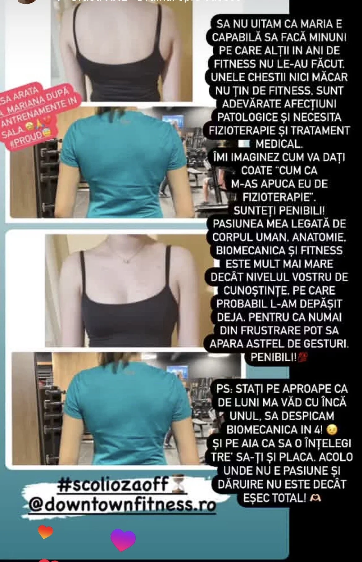 A collage of three photos showing the back view of women in different workout outfits, with added black text in Romanian discussing fitness, physiotherapy, and biomechanics, and social media handles at the bottom.