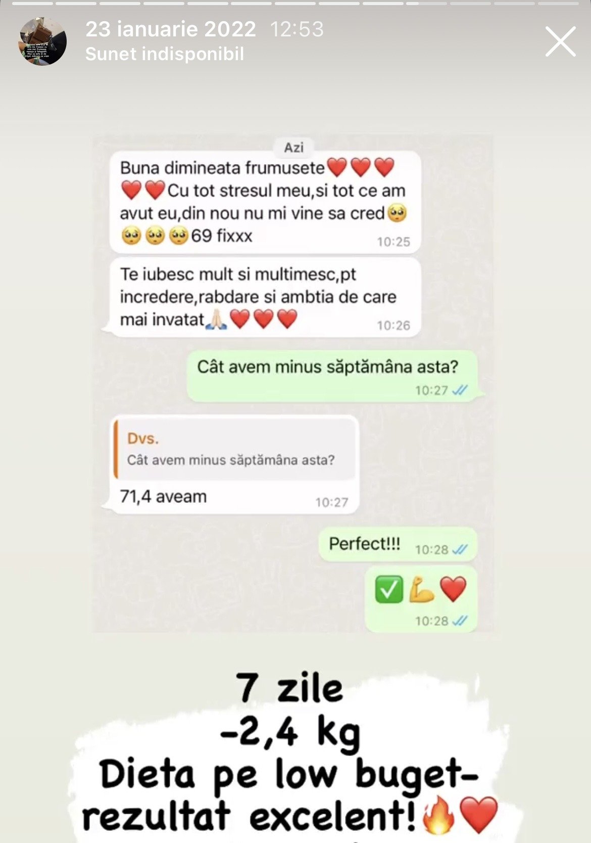 WhatsApp conversation in Romanian about weight loss. The person has lost 2.4 kg in 7 days on a low-budget diet, with positive feedback and emojis.