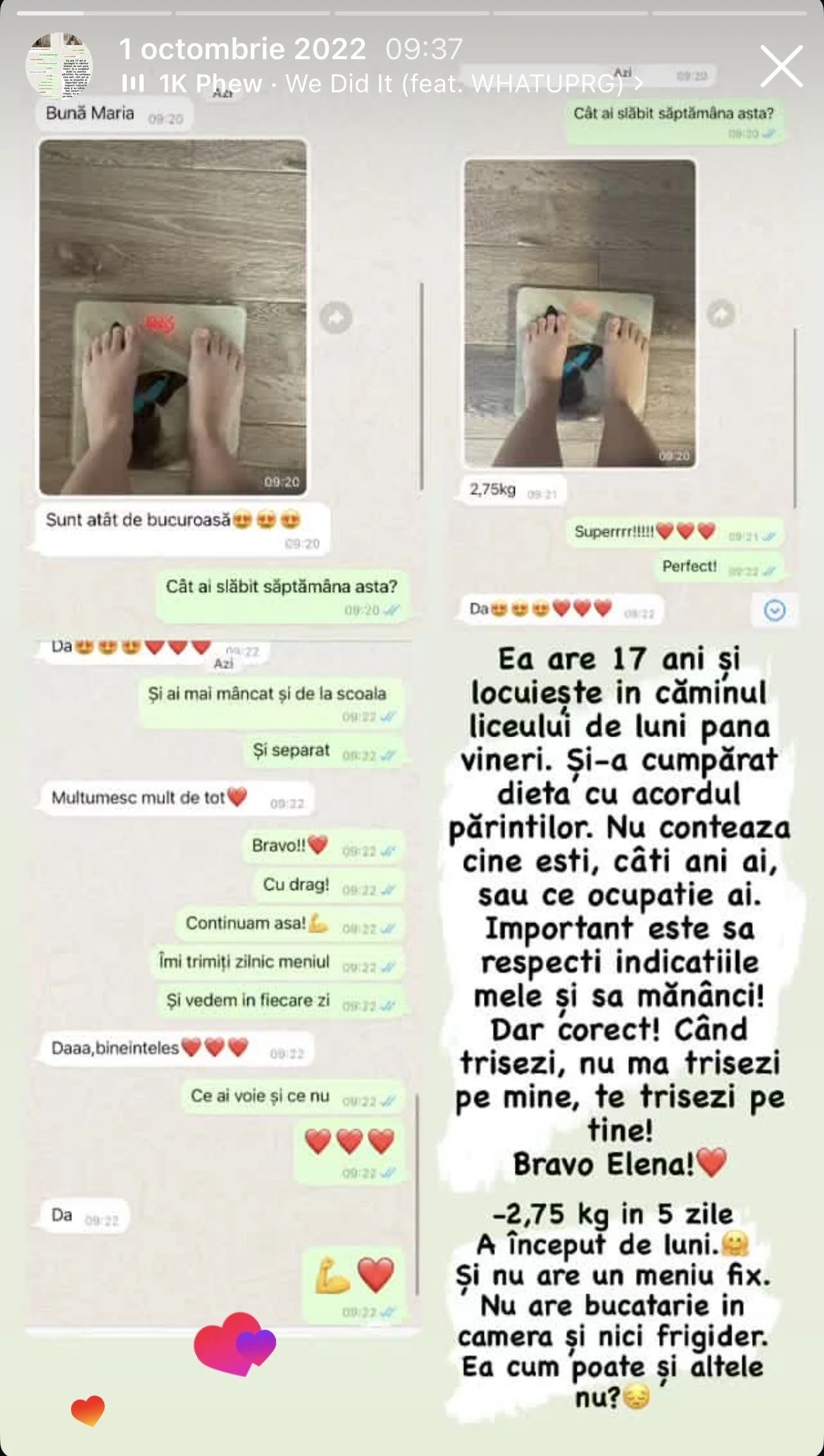 Screenshots of a WhatsApp conversation where a person shares photos of their weight loss progress, expressing excitement over losing 2.75 kilograms in five days, and writing about their lifestyle changes and lack of kitchen amenities.