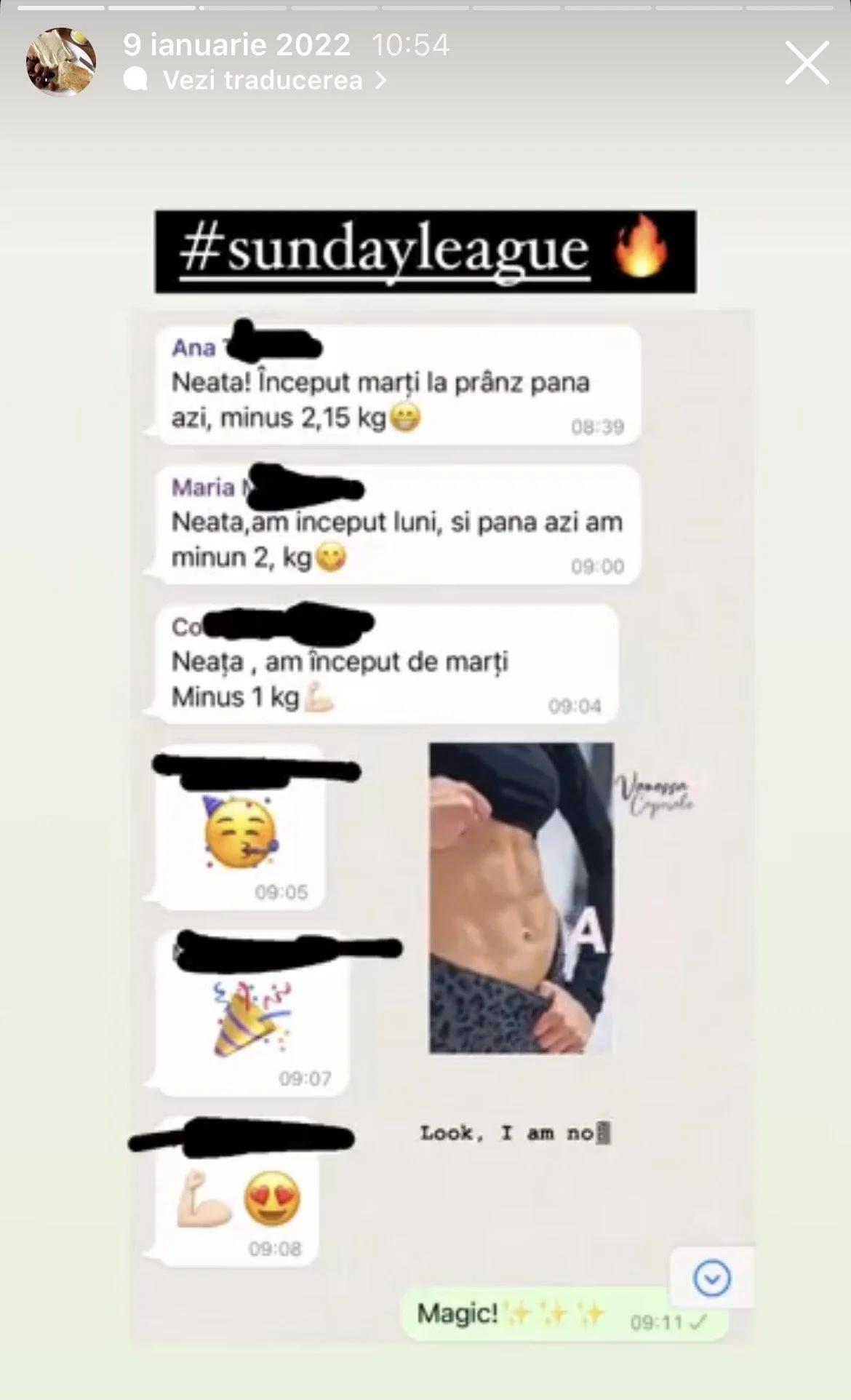 WhatsApp chat screenshot about weight loss progress, showing messages, emojis, a photo of a toned abdomen, and a motivational comment.