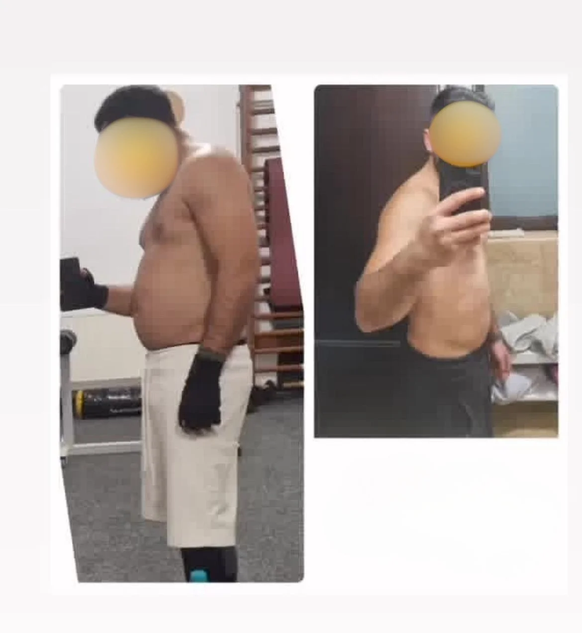Side-by-side comparison of a shirtless man taking mirror selfies before and after weight loss.