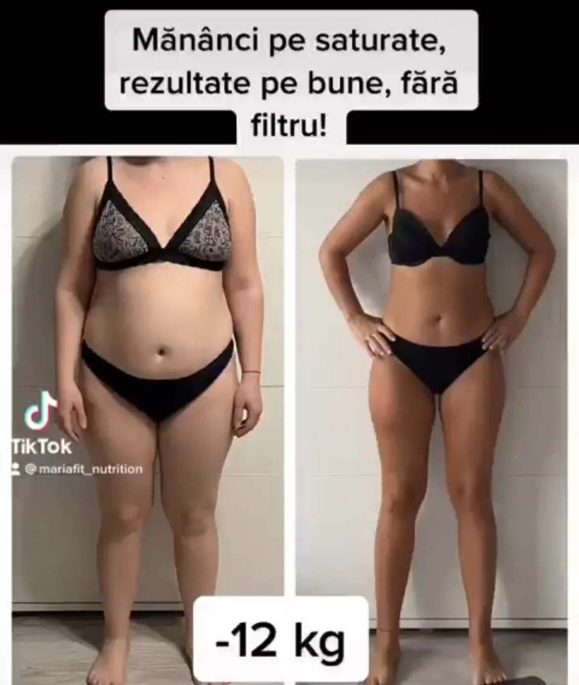 Side-by-side before and after photos of a woman showing weight loss, with text in Romanian and indicating a reduction of 12 kilograms.