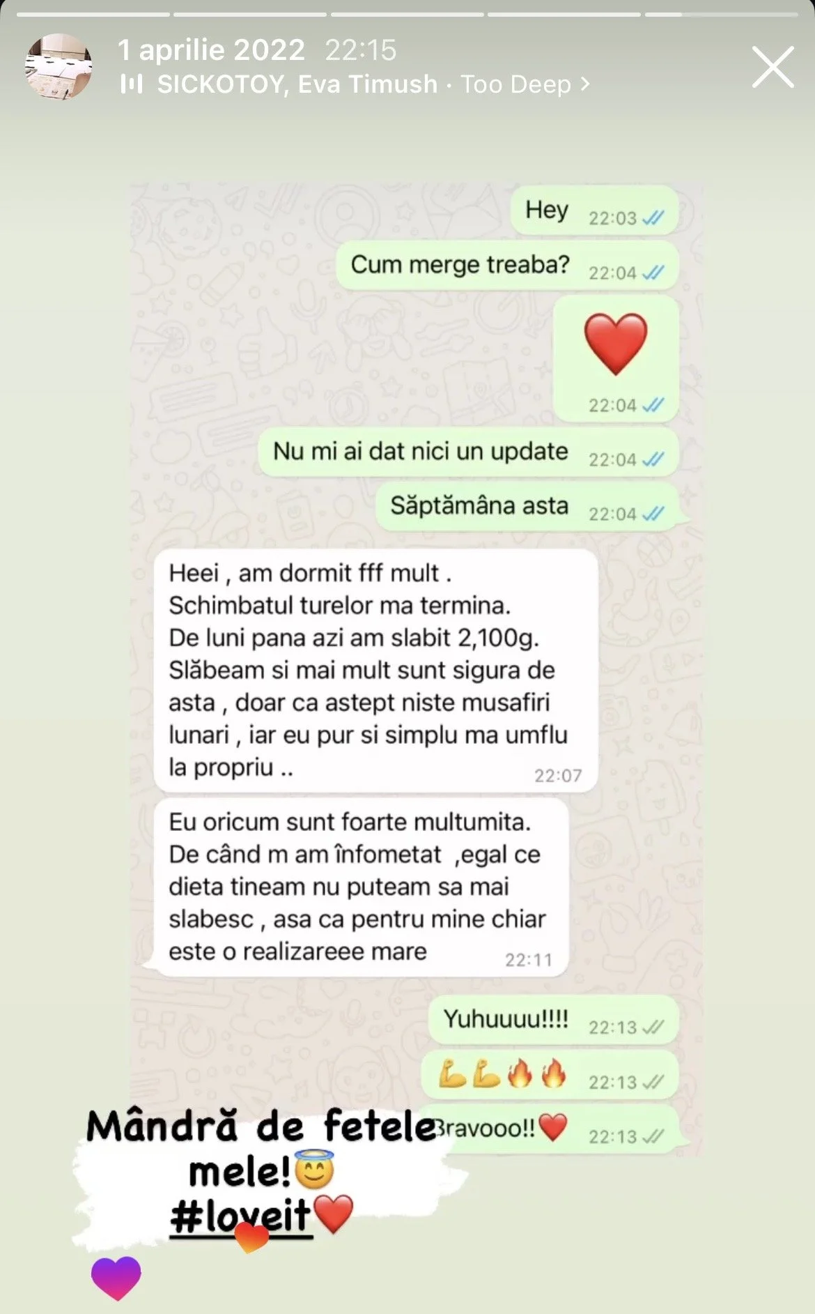 Screenshot of a WhatsApp conversation in Romanian about weight loss progress, including messages of encouragement and love, with emojis and a motivational message at the bottom.